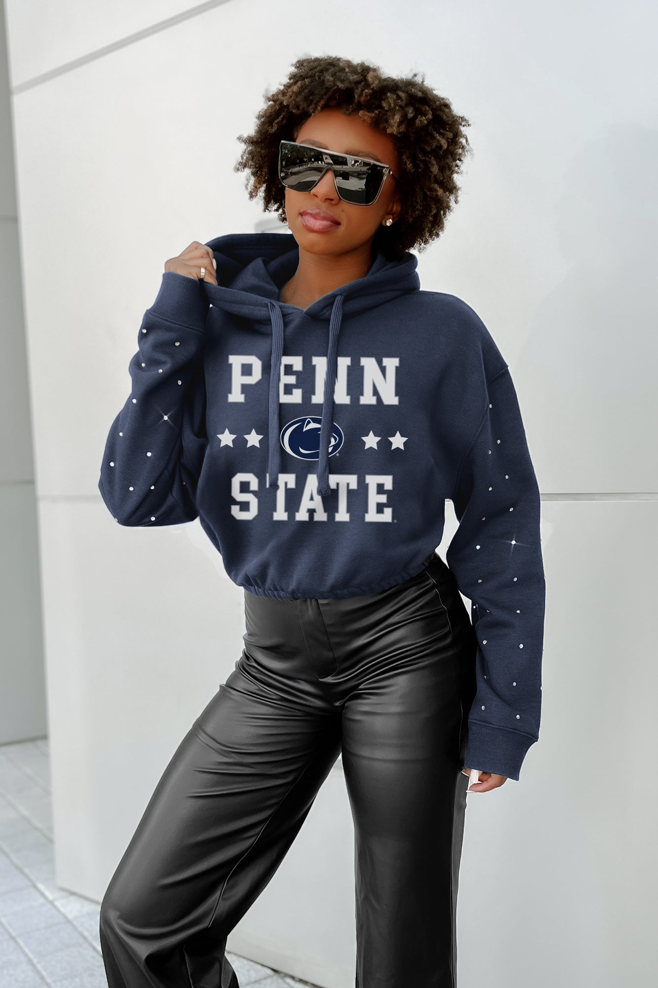 PENN STATE NITTANY LIONS LIKE A STAR LONG SLEEVE SCRUNCH WAISTBAND HOODIE WITH RHINESTONES