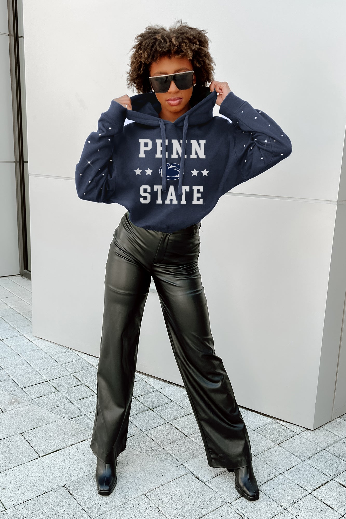 PENN STATE NITTANY LIONS LIKE A STAR LONG SLEEVE SCRUNCH WAISTBAND HOODIE WITH RHINESTONES