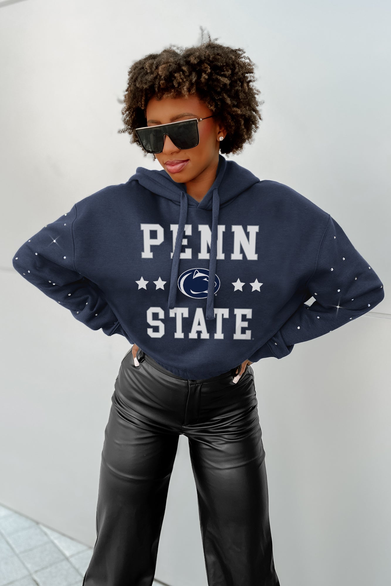 PENN STATE NITTANY LIONS LIKE A STAR LONG SLEEVE SCRUNCH WAISTBAND HOODIE WITH RHINESTONES