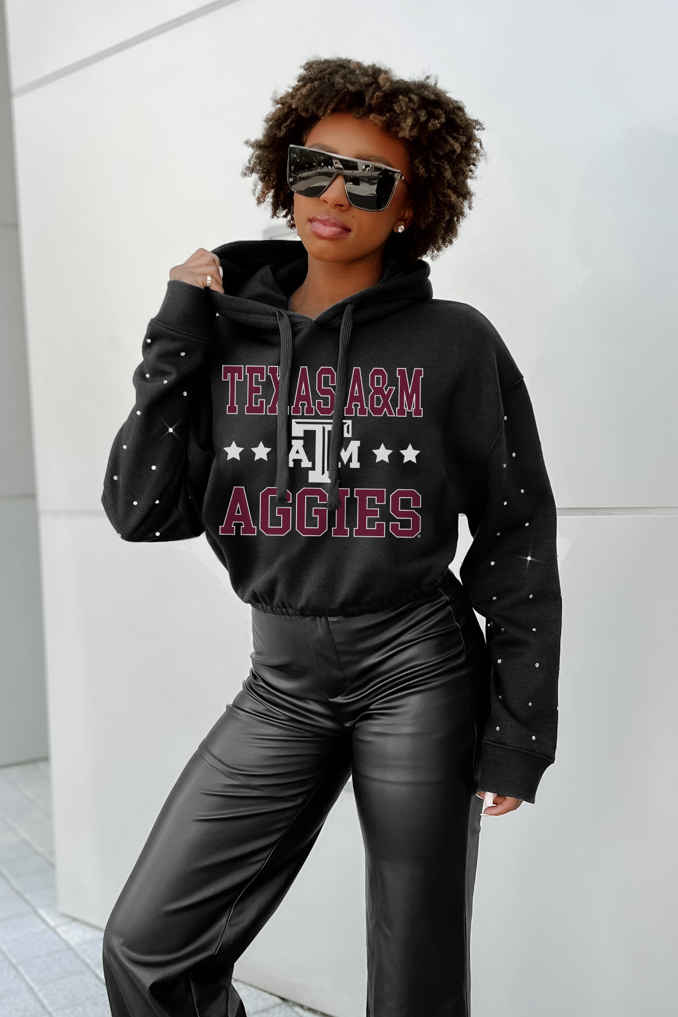 TEXAS A&M AGGIES LIKE A STAR LONG SLEEVE SCRUNCH WAISTBAND HOODIE WITH RHINESTONES