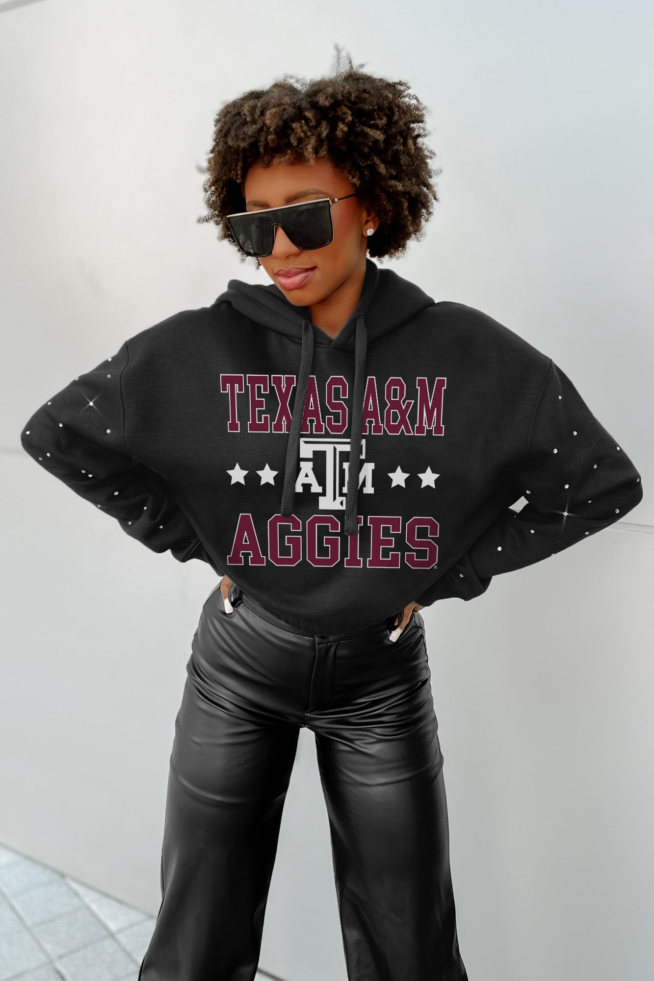 TEXAS A&M AGGIES LIKE A STAR LONG SLEEVE SCRUNCH WAISTBAND HOODIE WITH RHINESTONES