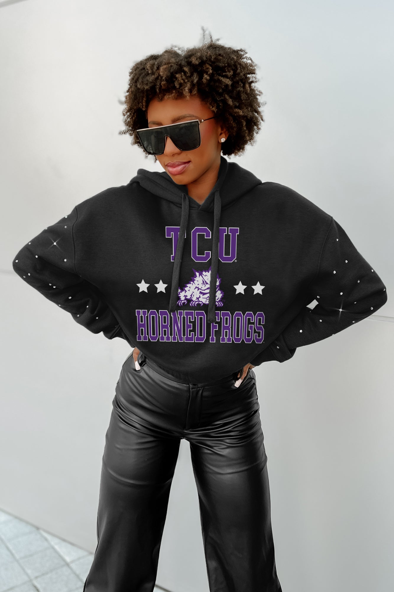 TCU HORNED FROGS LIKE A STAR LONG SLEEVE SCRUNCH WAISTBAND HOODIE WITH RHINESTONES