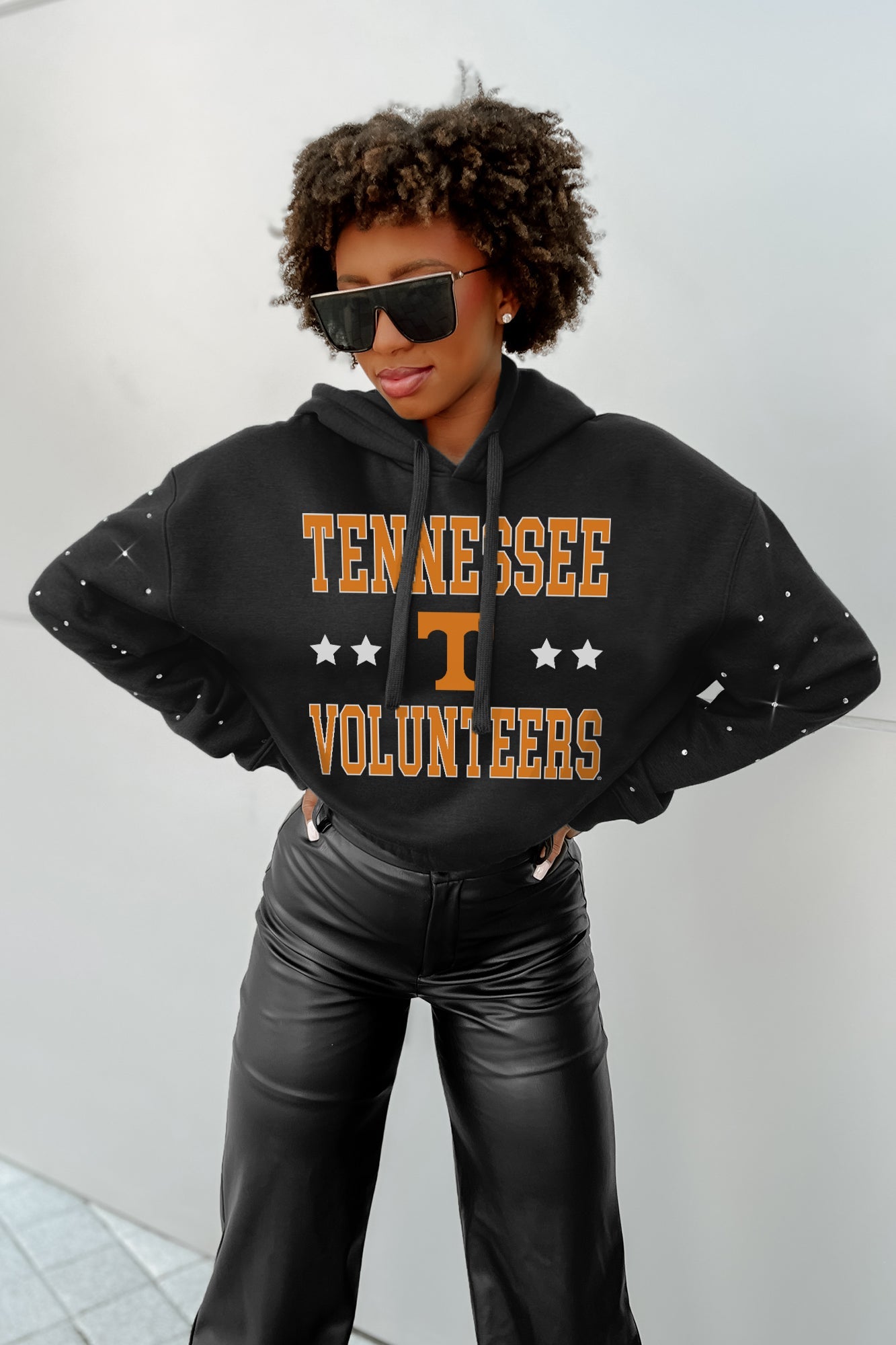 TENNESSEE VOLUNTEERS LIKE A STAR LONG SLEEVE SCRUNCH WAISTBAND HOODIE WITH RHINESTONES