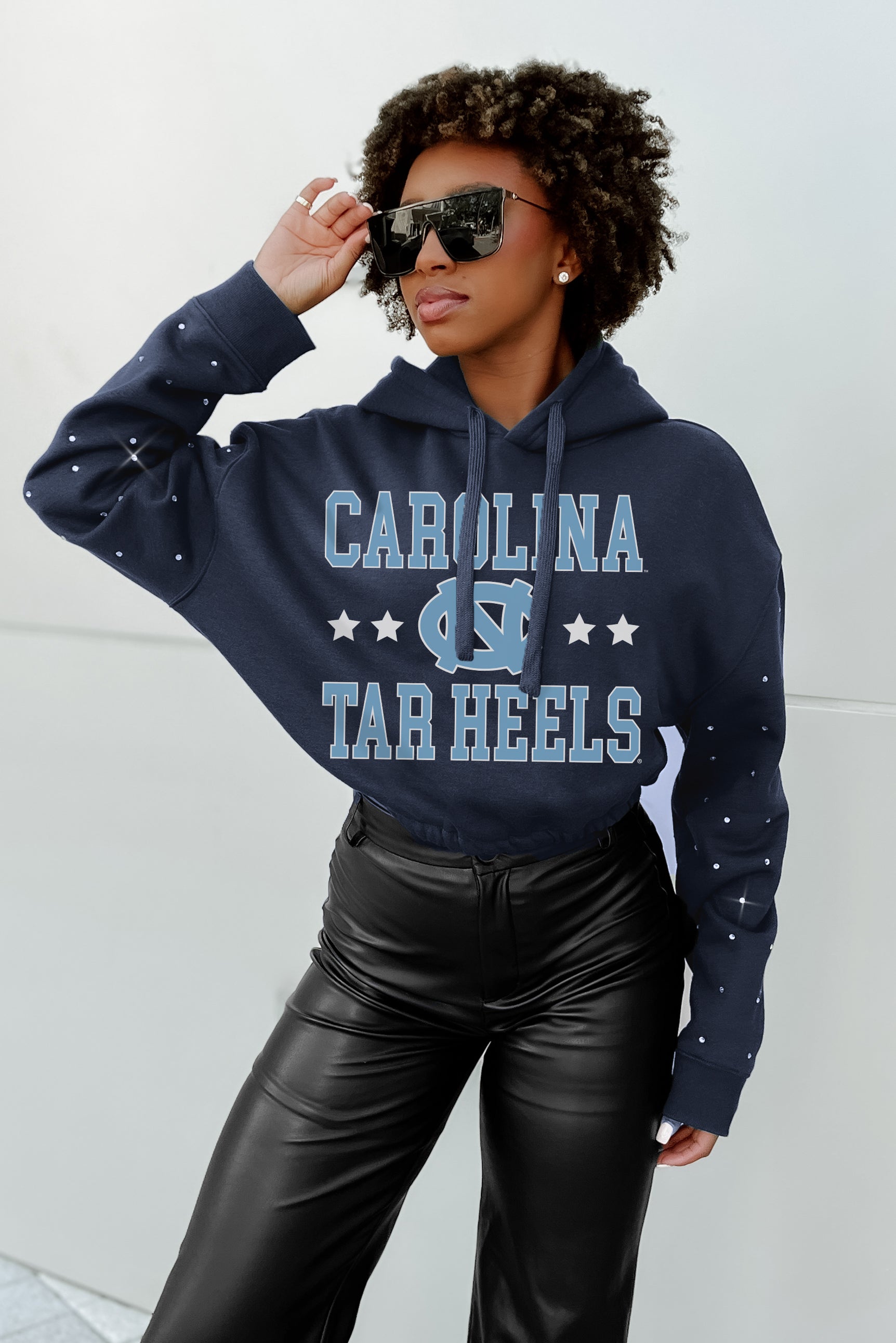 NORTH CAROLINA TAR HEELS LIKE A STAR LONG SLEEVE SCRUNCH WAISTBAND HOODIE WITH RHINESTONES