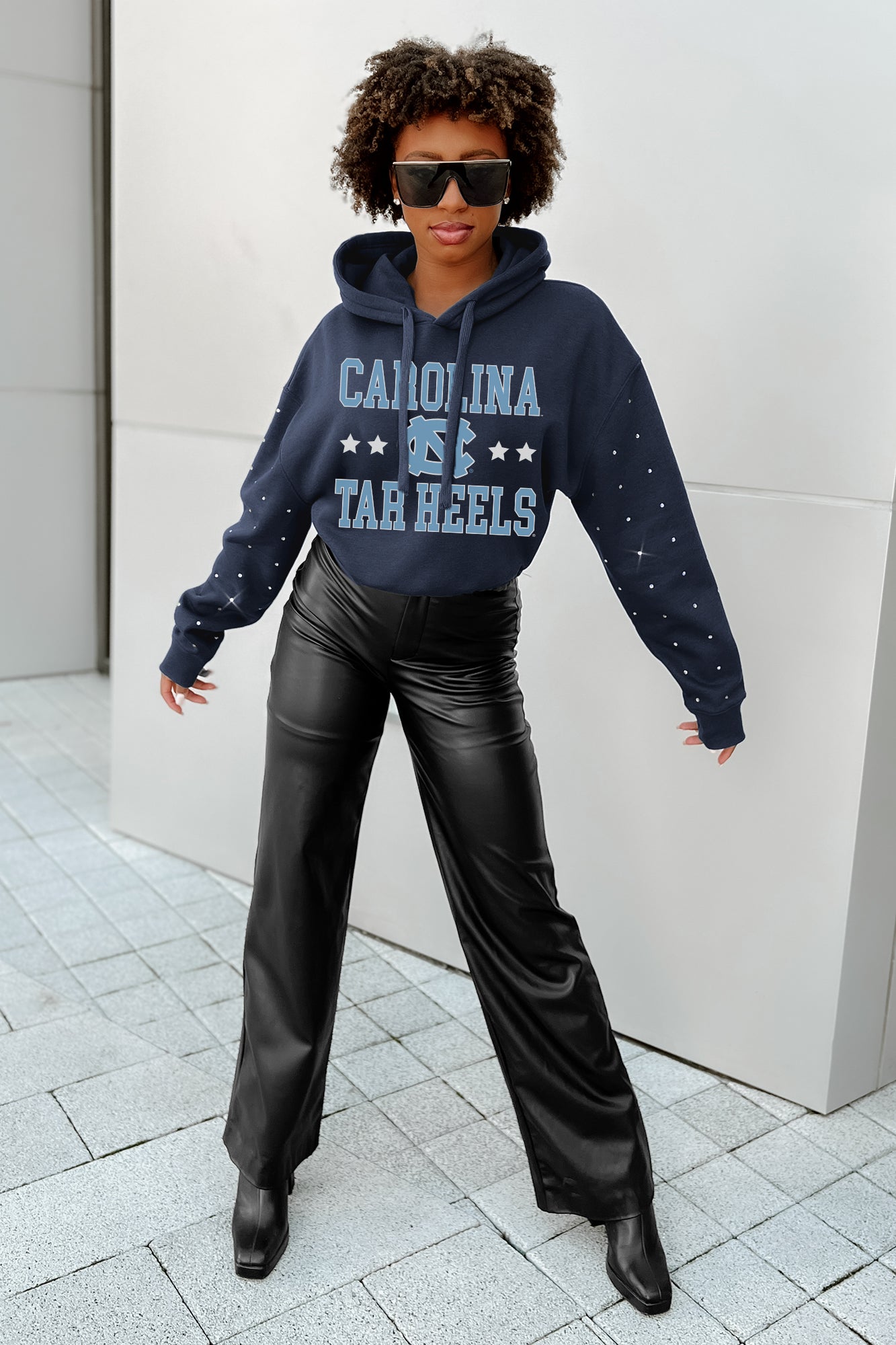 NORTH CAROLINA TAR HEELS LIKE A STAR LONG SLEEVE SCRUNCH WAISTBAND HOODIE WITH RHINESTONES