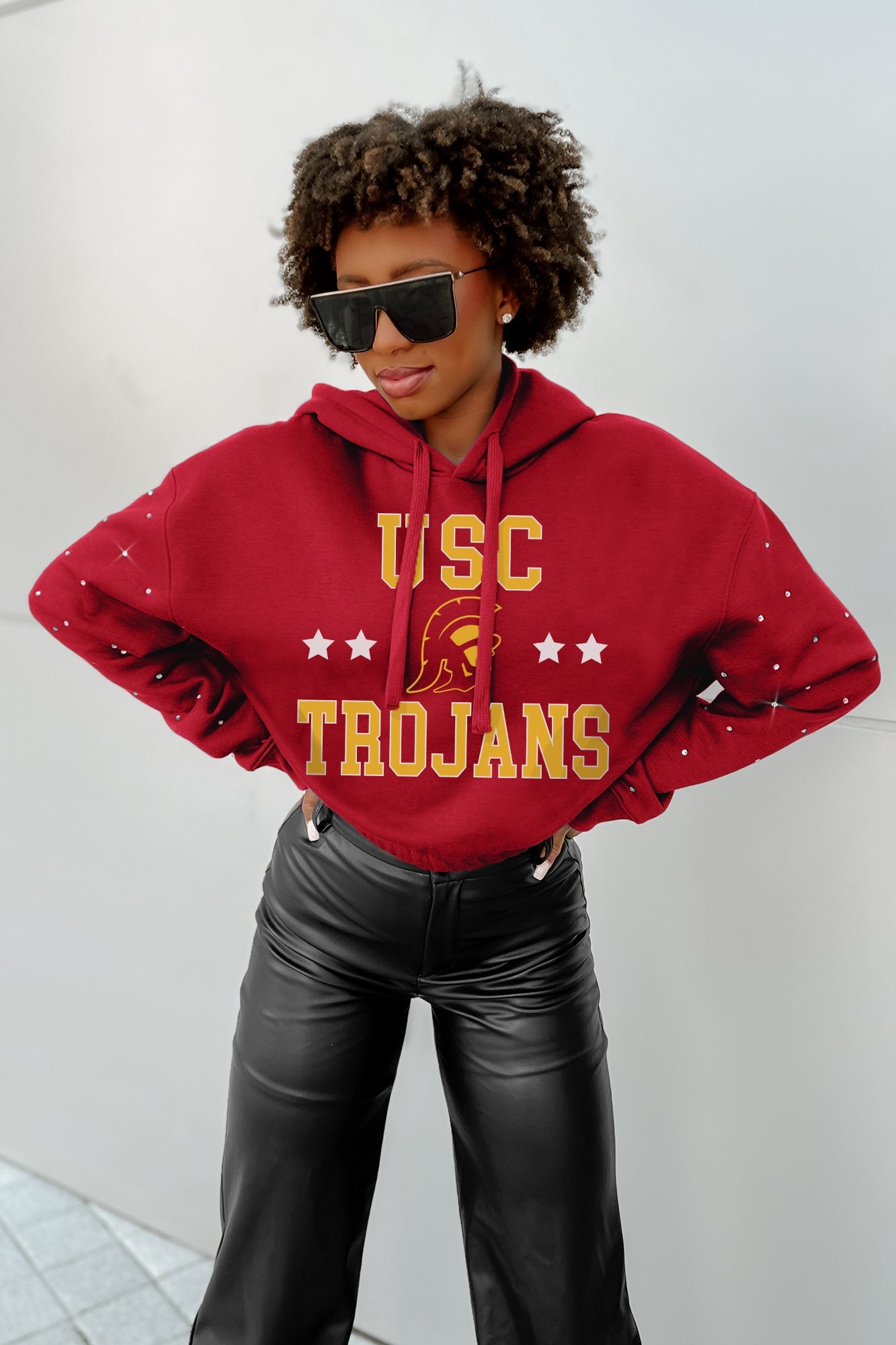 USC TROJANS CAN'T LOSE LONG SLEEVE SCRUNCH WAISTBAND HOODIE WITH RHINESTONES