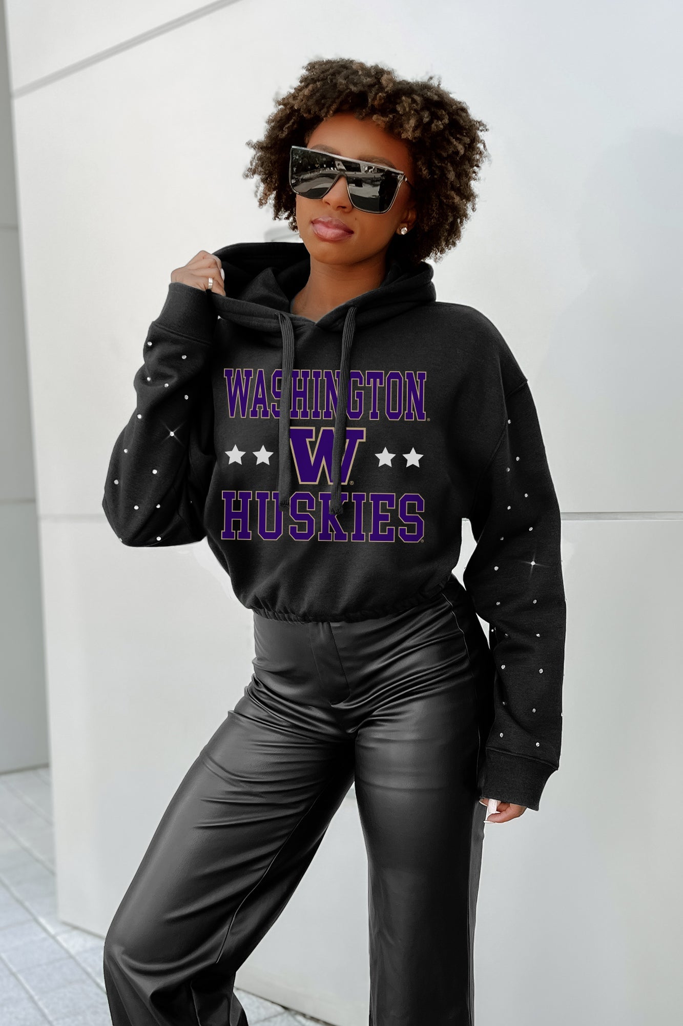 WASHINGTON HUSKIES LIKE A STAR LONG SLEEVE SCRUNCH WAISTBAND HOODIE WITH RHINESTONES