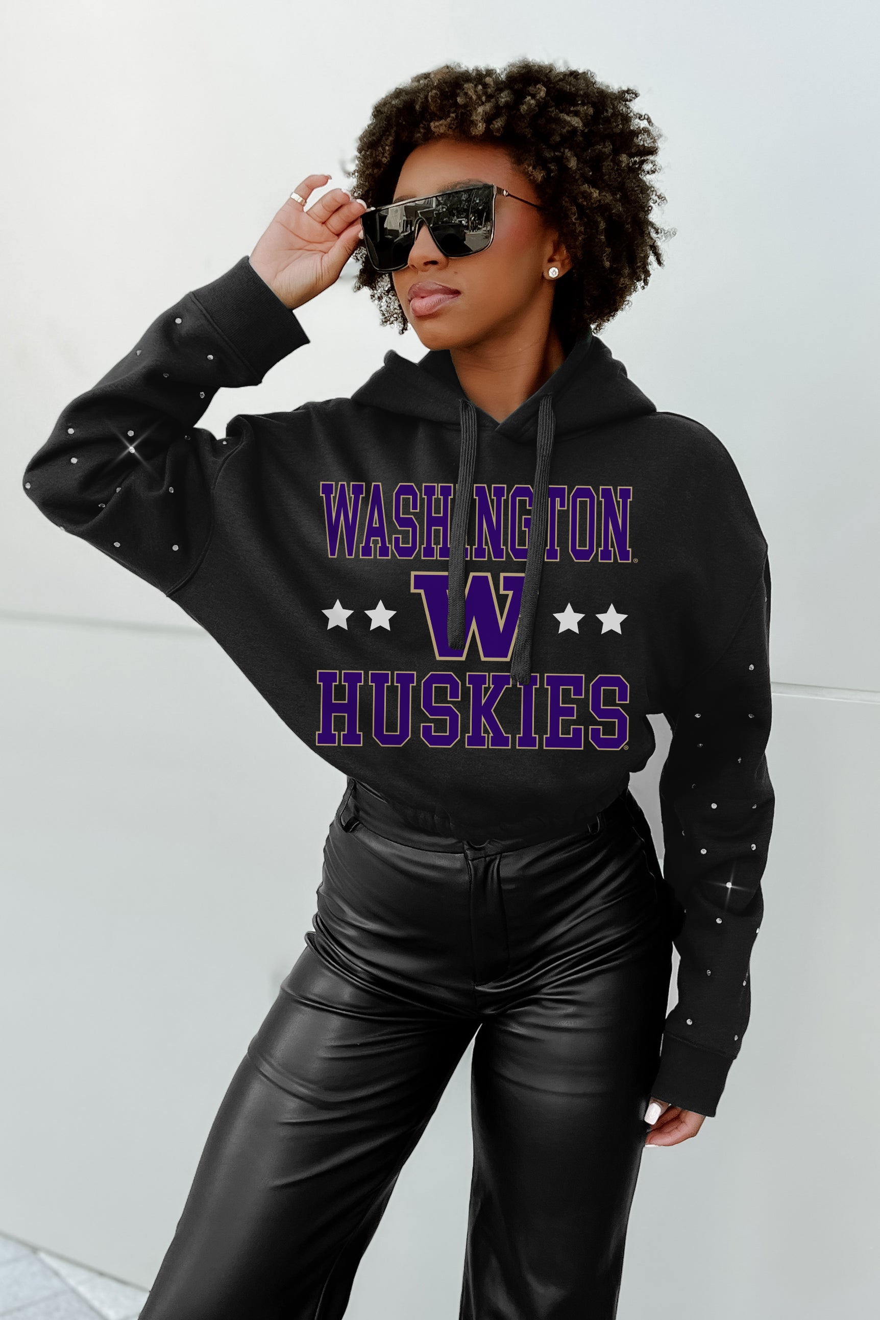 WASHINGTON HUSKIES LIKE A STAR LONG SLEEVE SCRUNCH WAISTBAND HOODIE WITH RHINESTONES