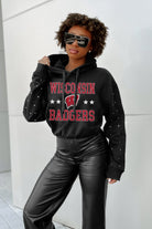 WISCONSIN BADGERS LIKE A STAR LONG SLEEVE SCRUNCH WAISTBAND HOODIE WITH RHINESTONES