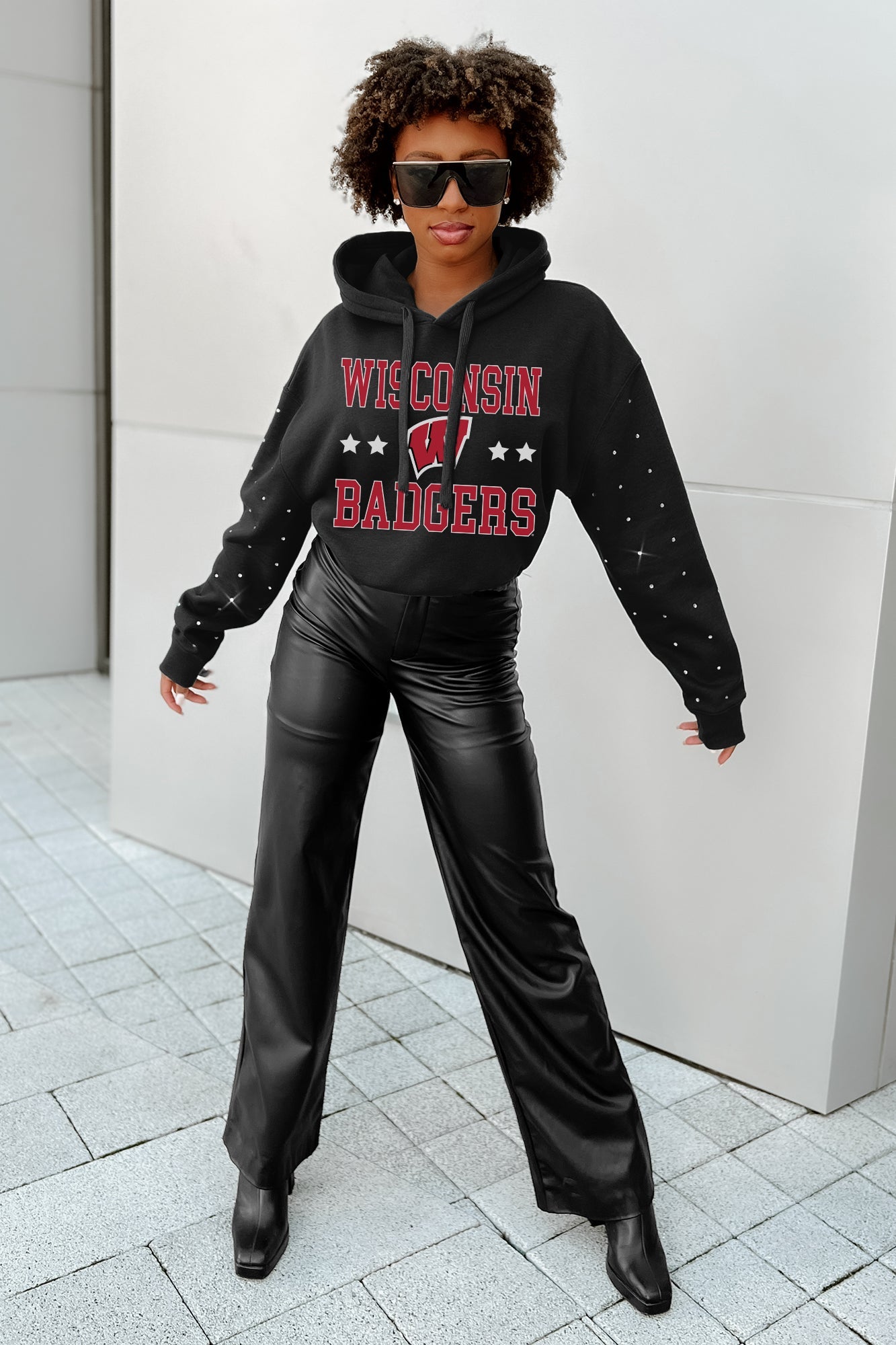 WISCONSIN BADGERS LIKE A STAR LONG SLEEVE SCRUNCH WAISTBAND HOODIE WITH RHINESTONES