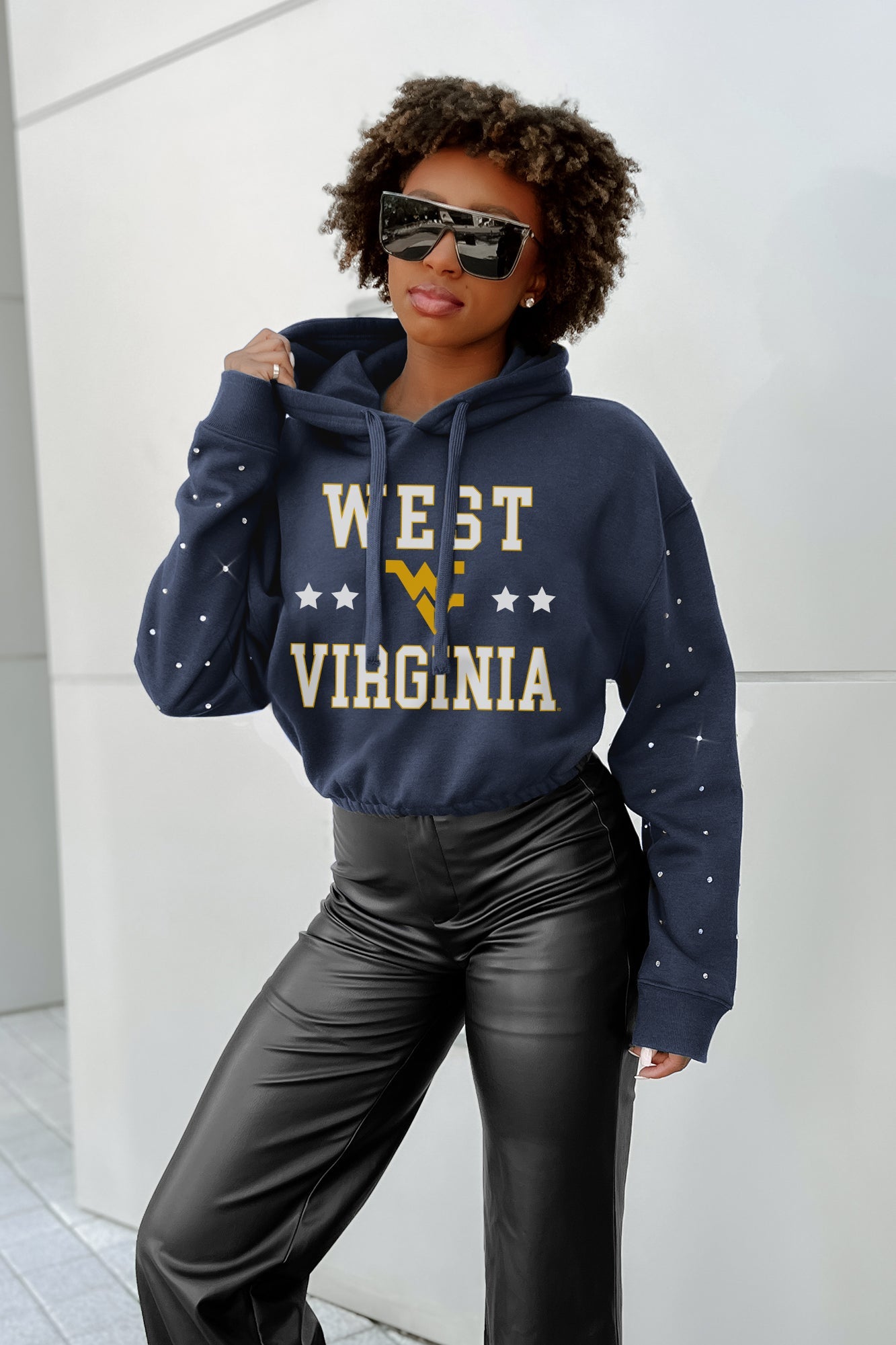 WEST VIRGINIA MOUNTAINEERS LIKE A STAR LONG SLEEVE SCRUNCH WAISTBAND HOODIE WITH RHINESTONES