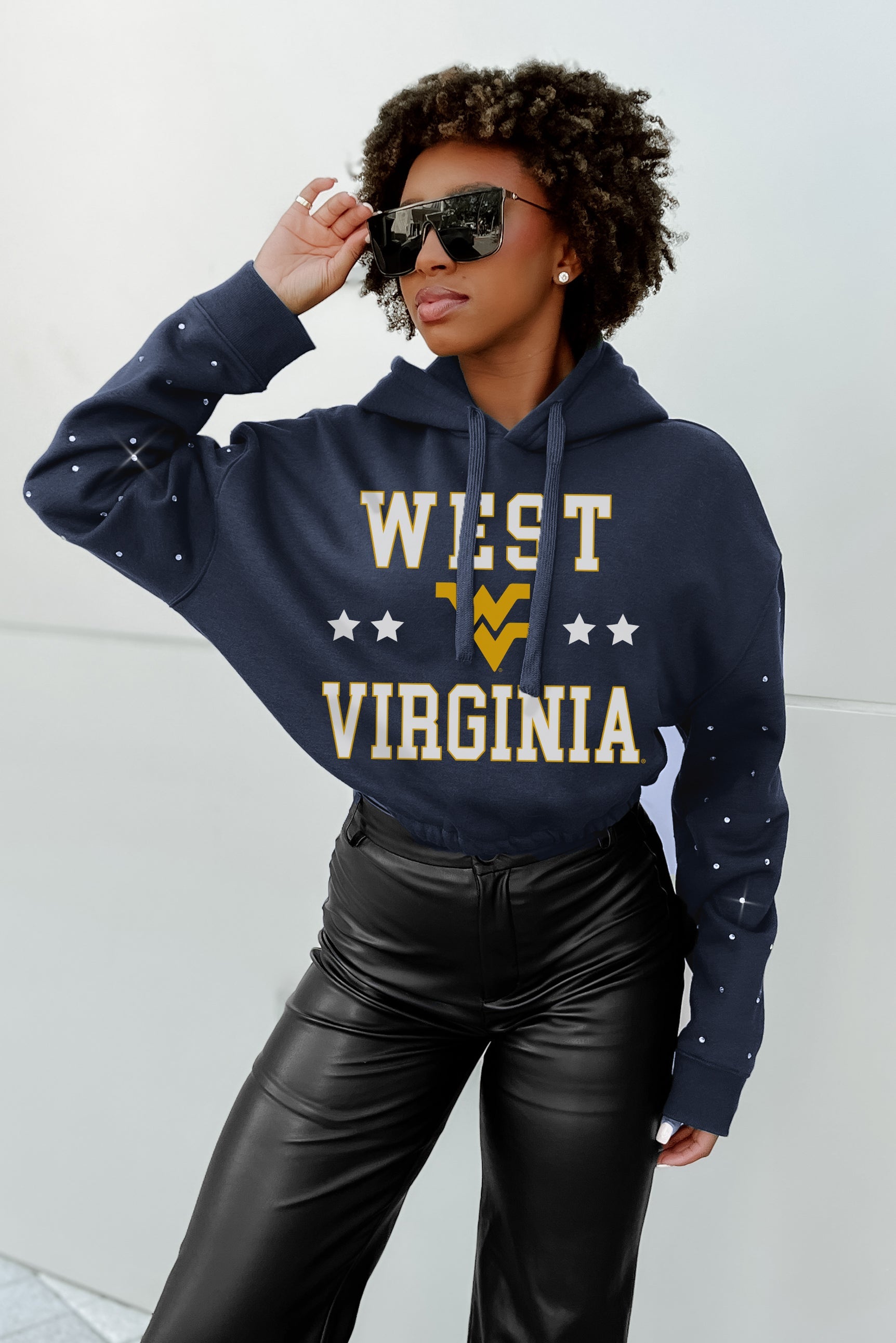 WEST VIRGINIA MOUNTAINEERS LIKE A STAR LONG SLEEVE SCRUNCH WAISTBAND HOODIE WITH RHINESTONES