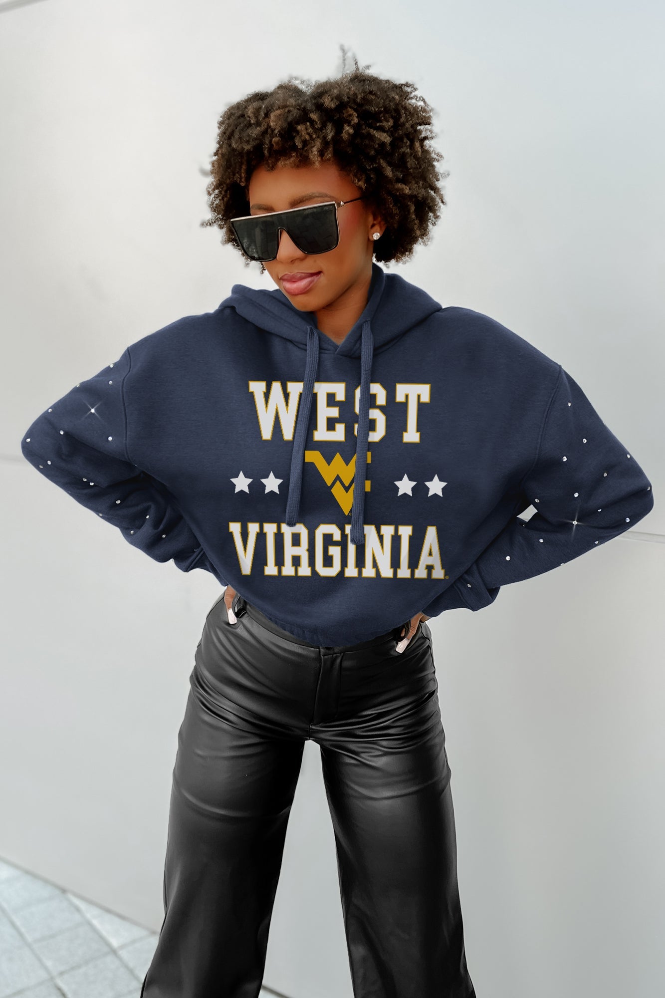 WEST VIRGINIA MOUNTAINEERS LIKE A STAR LONG SLEEVE SCRUNCH WAISTBAND HOODIE WITH RHINESTONES