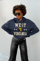 WEST VIRGINIA MOUNTAINEERS LIKE A STAR LONG SLEEVE SCRUNCH WAISTBAND HOODIE WITH RHINESTONES