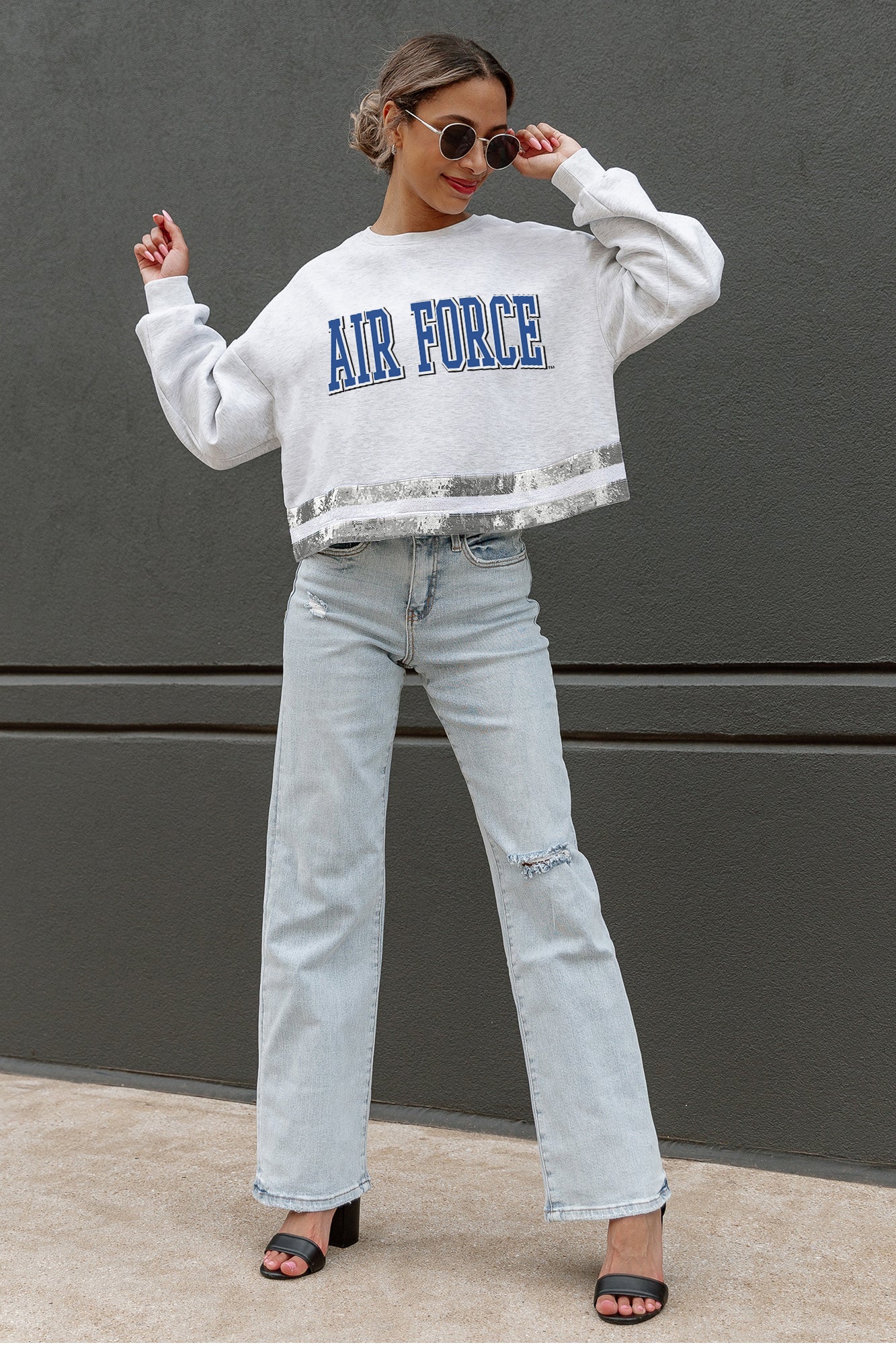 AIR FORCE FALCONS PASS THE SHINE LONG SLEEVE METALLIC SHIMMER-STRIPE TOP WITH RIBBED NECKLINE AND CUFFS