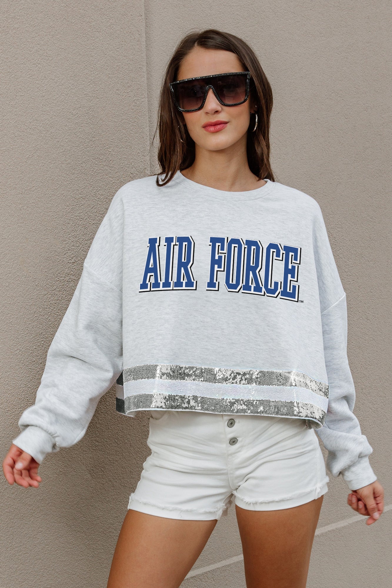 AIR FORCE FALCONS PASS THE SHINE LONG SLEEVE METALLIC SHIMMER-STRIPE TOP WITH RIBBED NECKLINE AND CUFFS