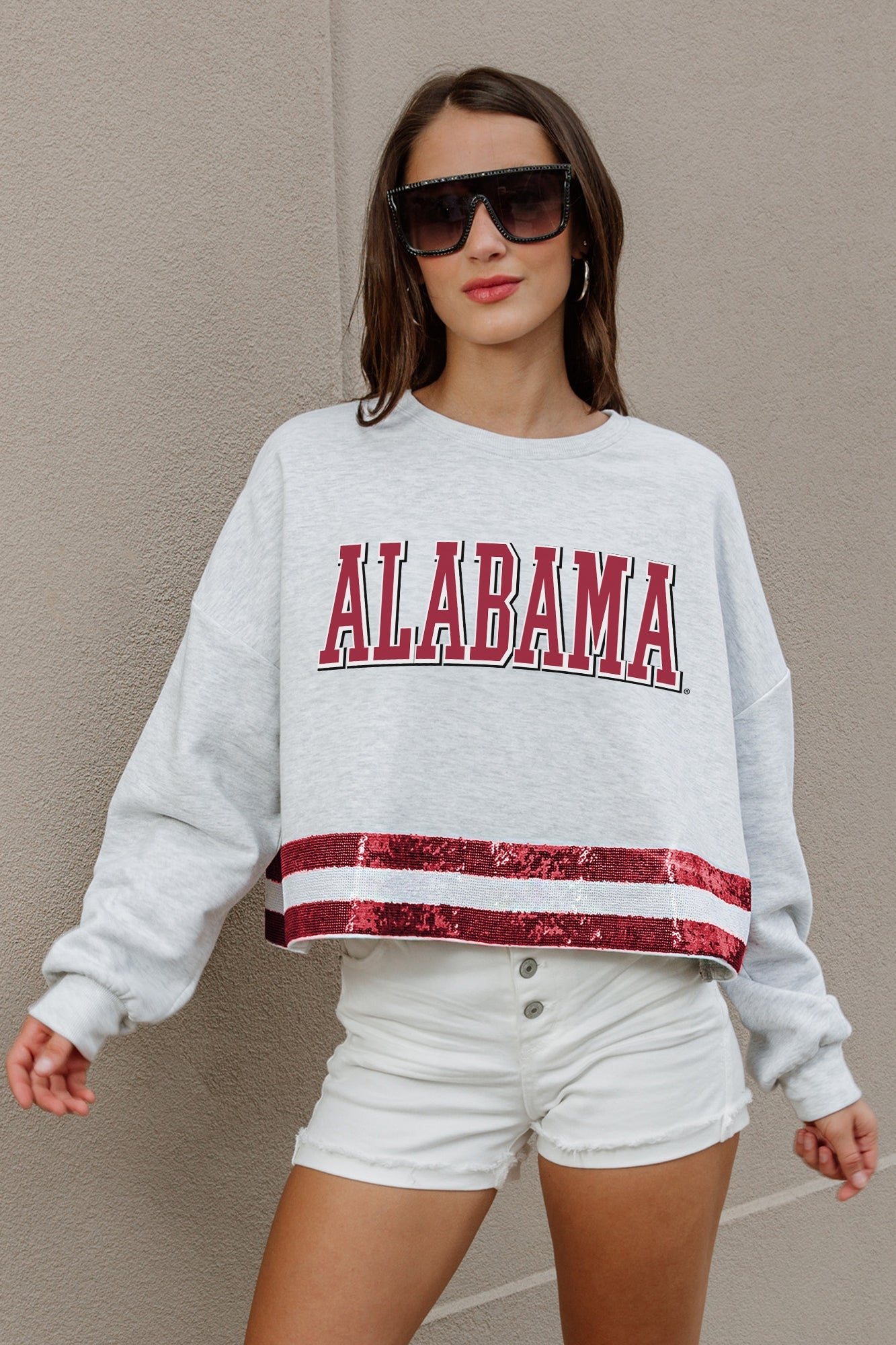 ALABAMA CRIMSON TIDE PASS THE SHINE LONG SLEEVE METALLIC SHIMMER-STRIPE TOP WITH RIBBED NECKLINE AND CUFFS