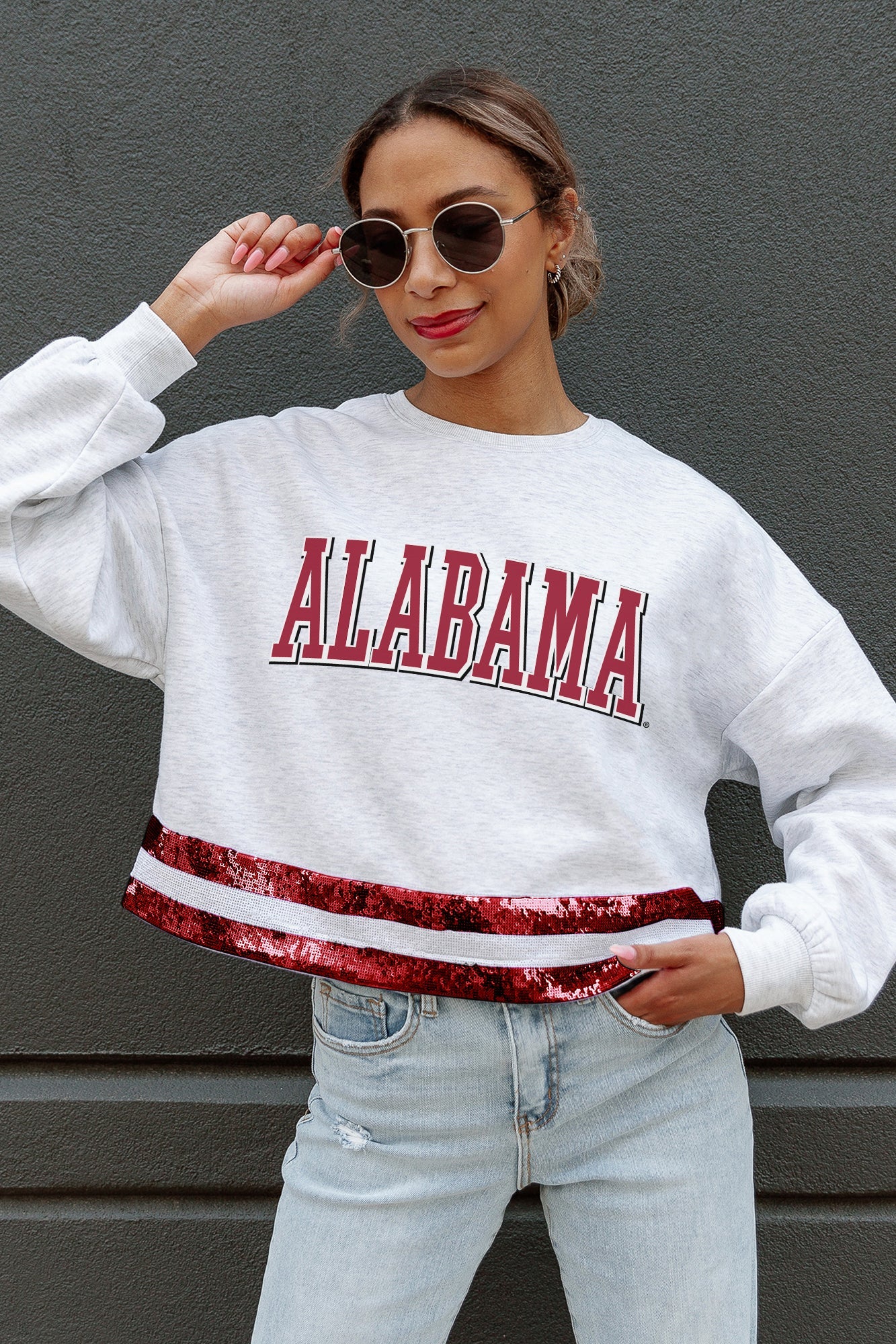 ALABAMA CRIMSON TIDE PASS THE SHINE LONG SLEEVE METALLIC SHIMMER-STRIPE TOP WITH RIBBED NECKLINE AND CUFFS