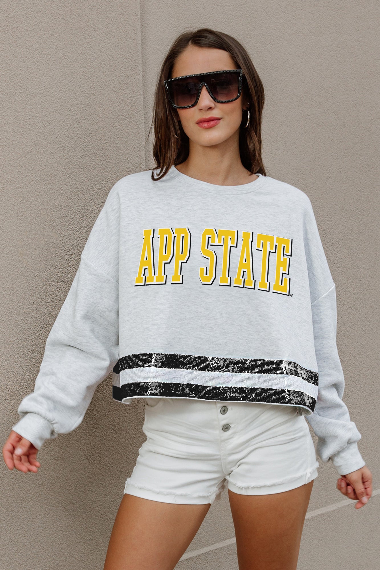 APPALACHIAN STATE MOUNTAINEERS PASS THE SHINE LONG SLEEVE METALLIC SHIMMER-STRIPE TOP WITH RIBBED NECKLINE AND CUFFS