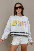 APPALACHIAN STATE MOUNTAINEERS PASS THE SHINE LONG SLEEVE METALLIC SHIMMER-STRIPE TOP WITH RIBBED NECKLINE AND CUFFS