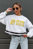 APPALACHIAN STATE MOUNTAINEERS PASS THE SHINE LONG SLEEVE METALLIC SHIMMER-STRIPE TOP WITH RIBBED NECKLINE AND CUFFS