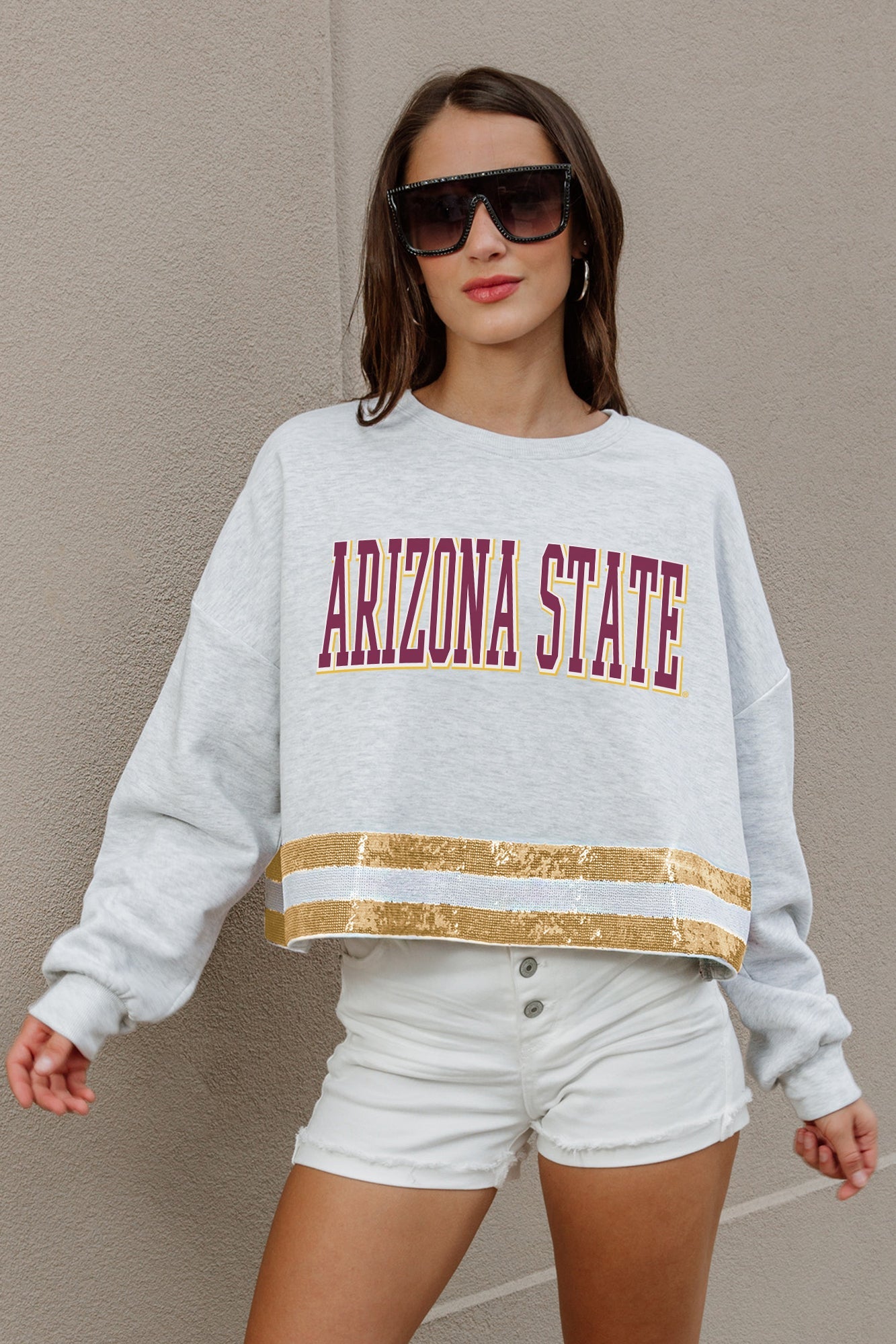 ARIZONA STATE SUN DEVILS PASS THE SHINE LONG SLEEVE METALLIC SHIMMER-STRIPE TOP WITH RIBBED NECKLINE AND CUFFS