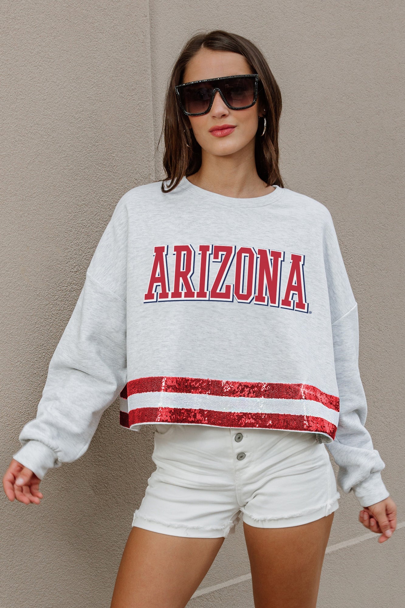 ARIZONA WILDCATS PASS THE SHINE LONG SLEEVE METALLIC SHIMMER-STRIPE TOP WITH RIBBED NECKLINE AND CUFFS