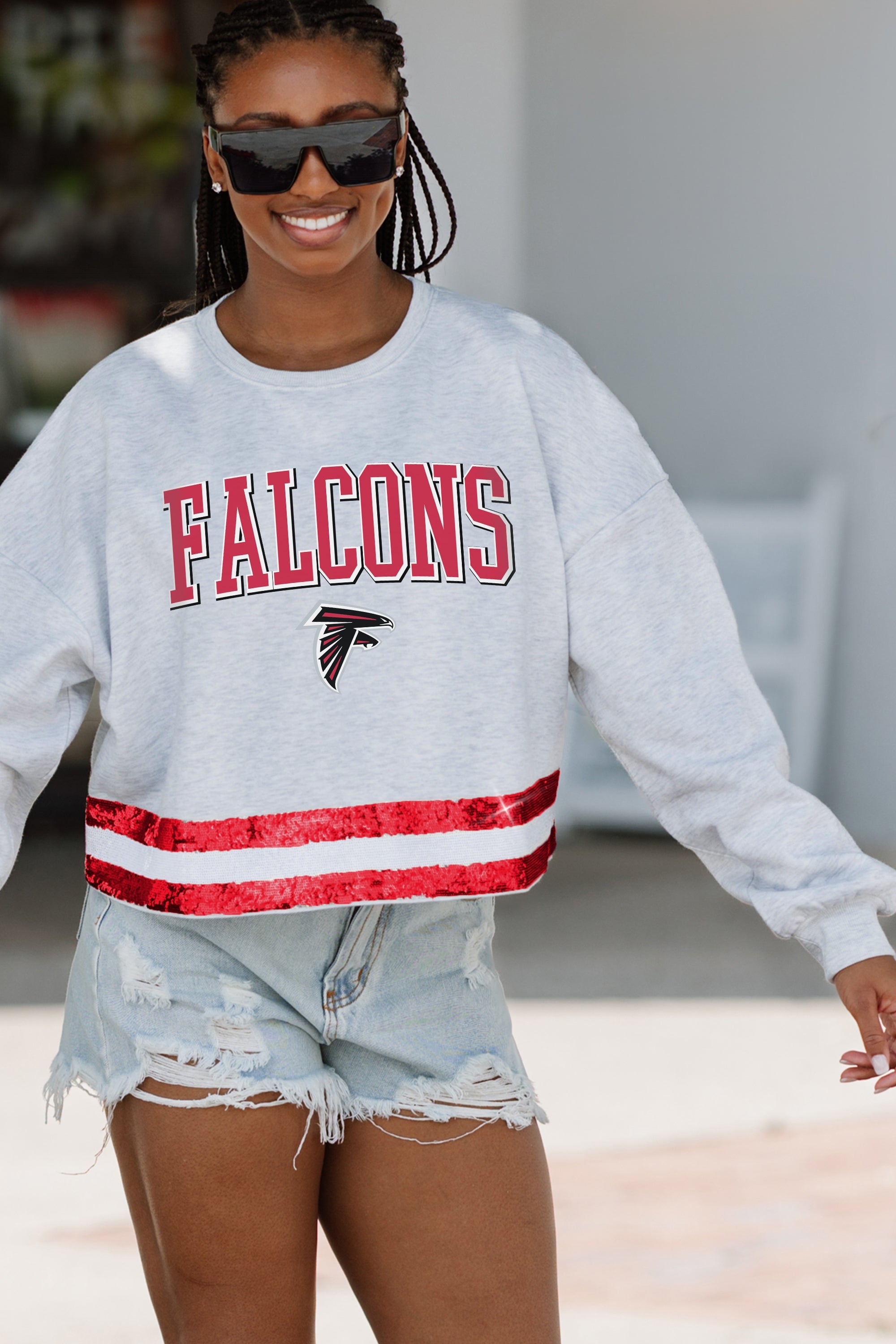 ATLANTA FALCONS PASS THE SHINE LONG SLEEVE METALLIC SHIMMER-STRIPE TOP