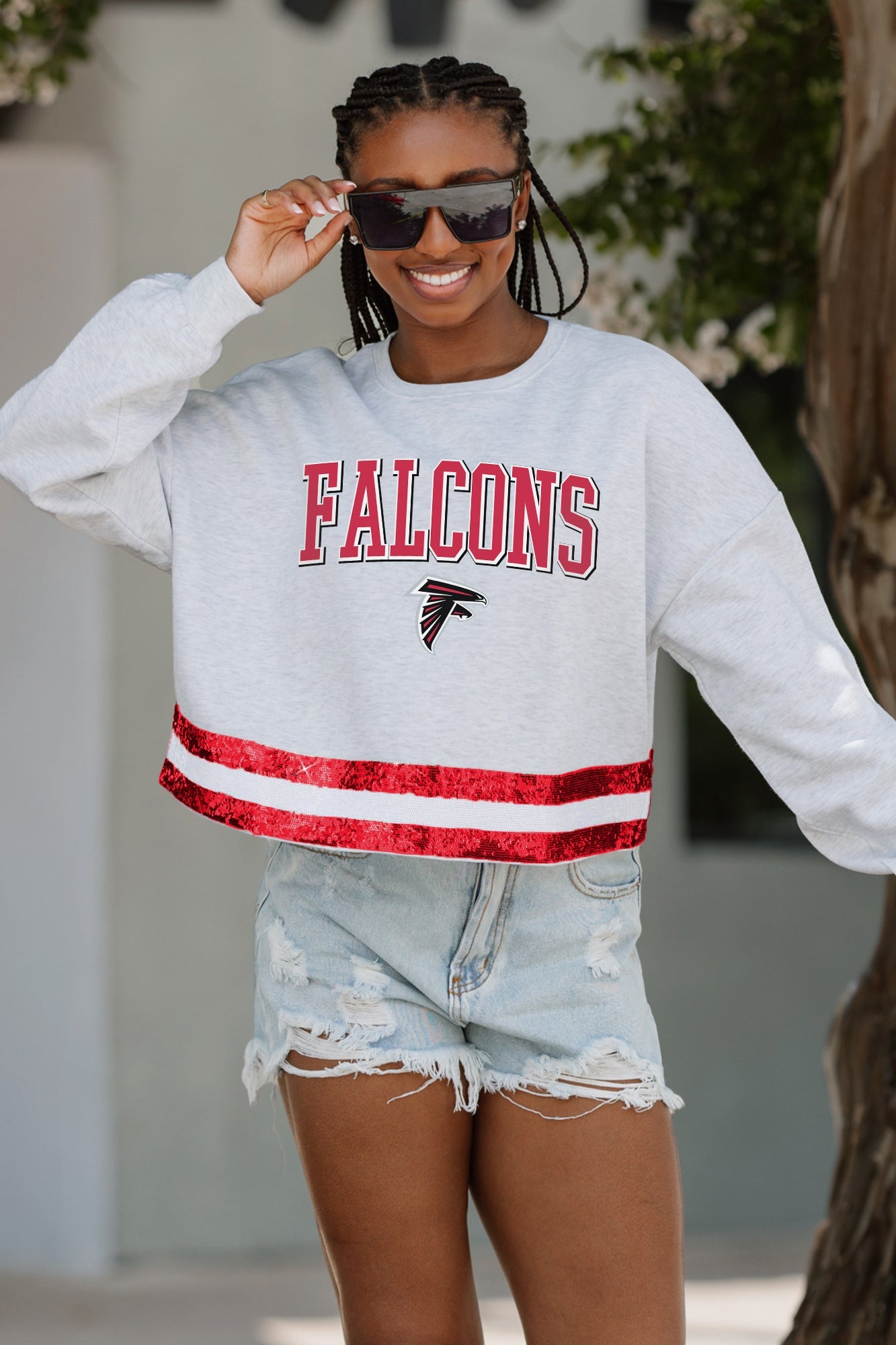 ATLANTA FALCONS PASS THE SHINE LONG SLEEVE METALLIC SHIMMER-STRIPE TOP