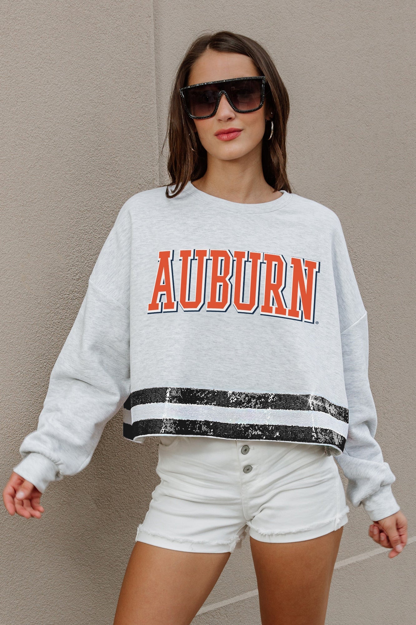 AUBURN TIGERS PASS THE SHINE LONG SLEEVE METALLIC SHIMMER-STRIPE TOP WITH RIBBED NECKLINE AND CUFFS