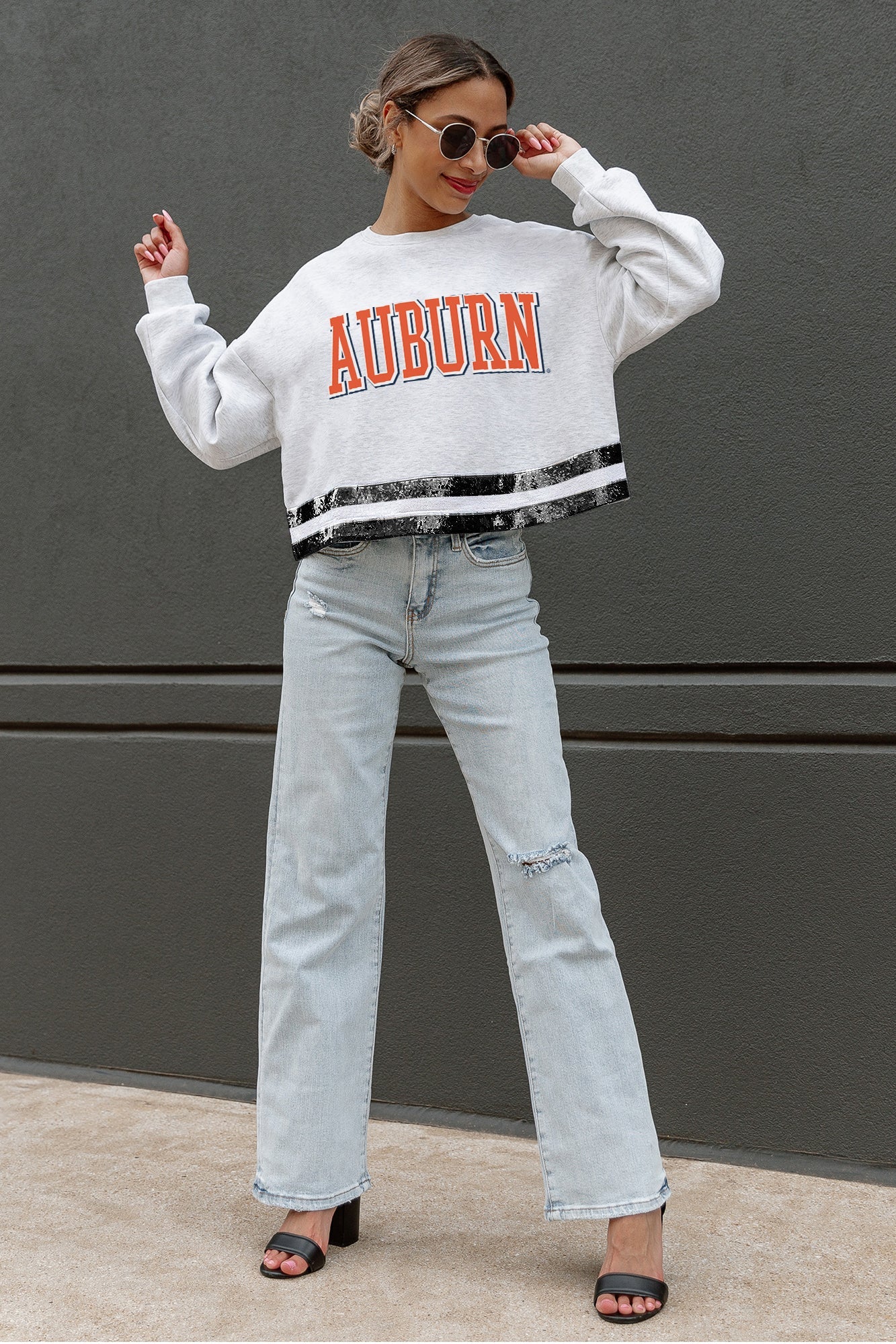 AUBURN TIGERS PASS THE SHINE LONG SLEEVE METALLIC SHIMMER-STRIPE TOP WITH RIBBED NECKLINE AND CUFFS