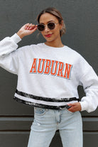 AUBURN TIGERS PASS THE SHINE LONG SLEEVE METALLIC SHIMMER-STRIPE TOP WITH RIBBED NECKLINE AND CUFFS