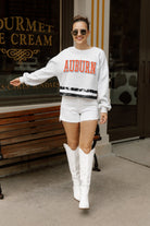 AUBURN TIGERS PASS THE SHINE LONG SLEEVE METALLIC SHIMMER-STRIPE TOP WITH RIBBED NECKLINE AND CUFFS