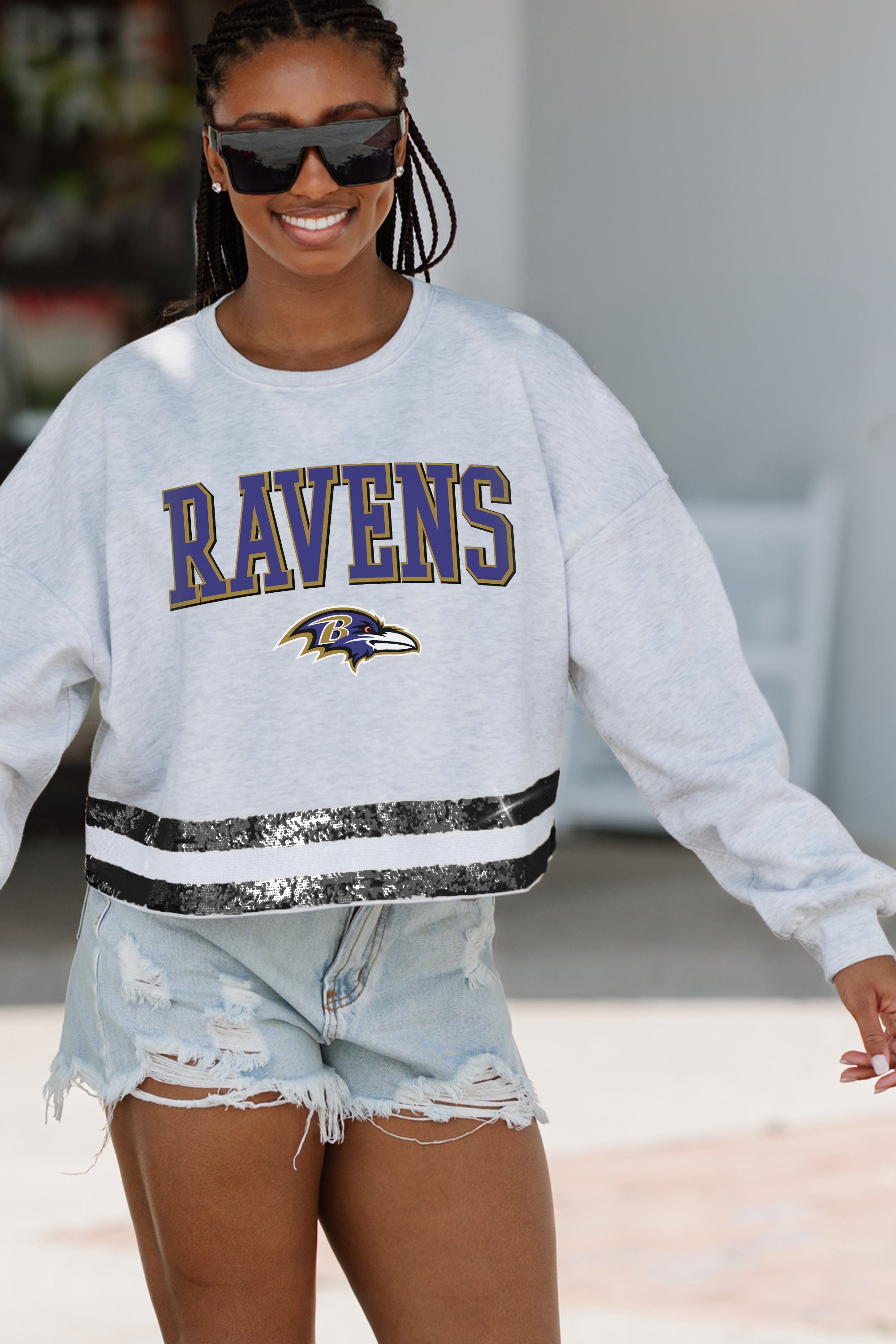 BALTIMORE RAVENS PASS THE SHINE LONG SLEEVE METALLIC SHIMMER-STRIPE TOP