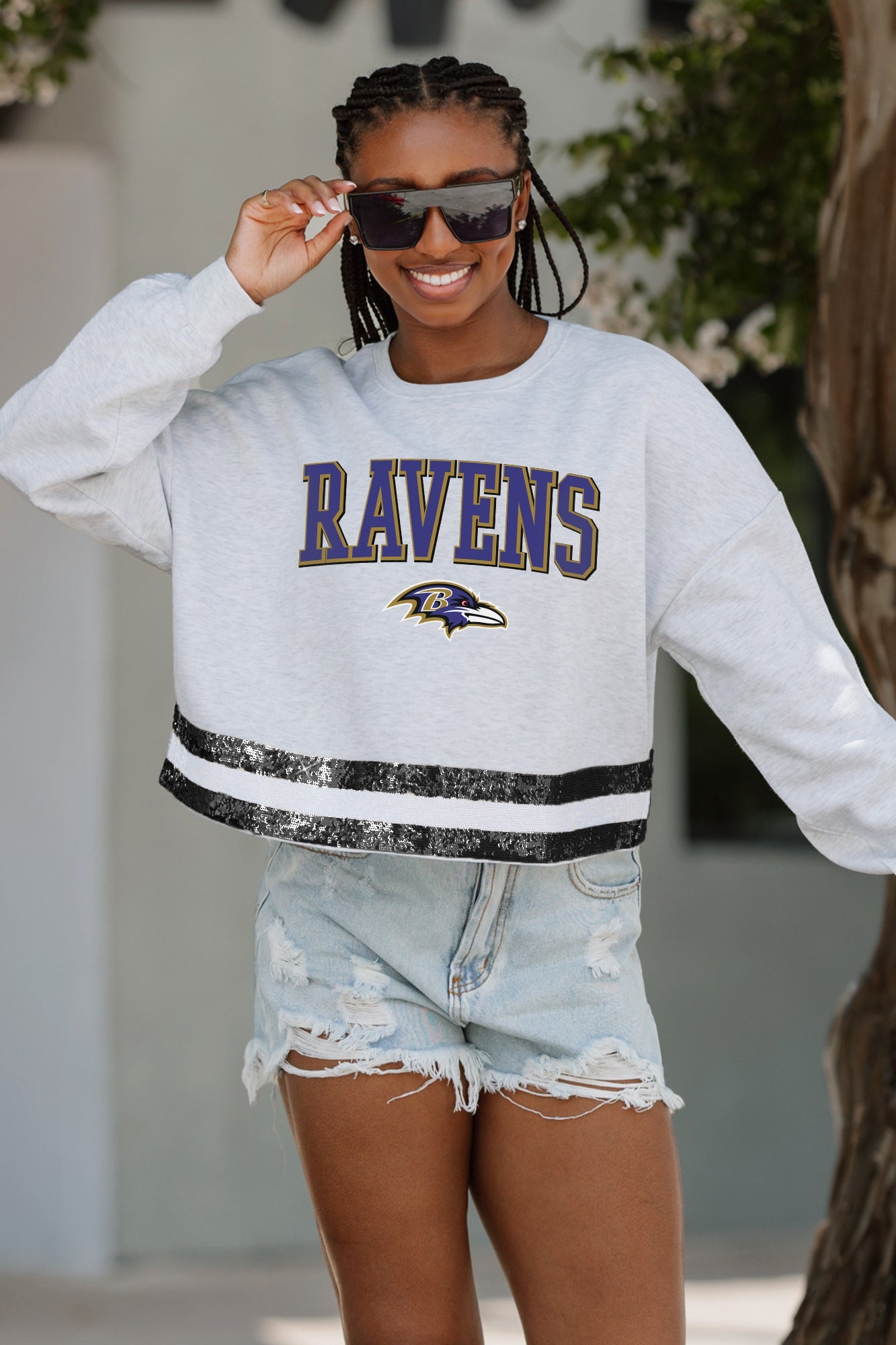 BALTIMORE RAVENS PASS THE SHINE LONG SLEEVE METALLIC SHIMMER-STRIPE TOP