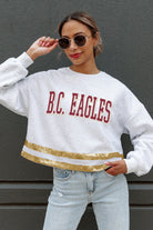 BOSTON COLLEGE EAGLES PASS THE SHINE LONG SLEEVE METALLIC SHIMMER-STRIPE TOP WITH RIBBED NECKLINE AND CUFFS