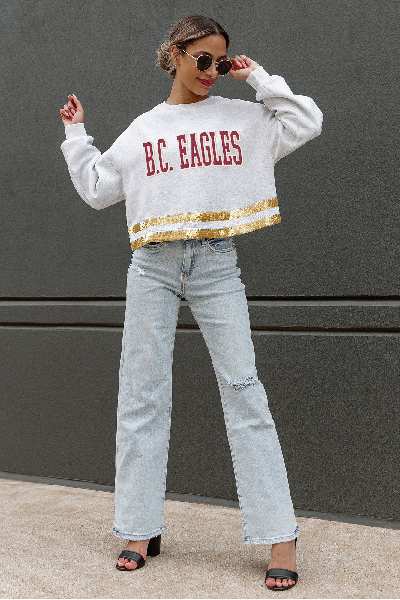 BOSTON COLLEGE EAGLES PASS THE SHINE LONG SLEEVE METALLIC SHIMMER-STRIPE TOP WITH RIBBED NECKLINE AND CUFFS