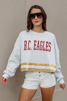 BOSTON COLLEGE EAGLES PASS THE SHINE LONG SLEEVE METALLIC SHIMMER-STRIPE TOP WITH RIBBED NECKLINE AND CUFFS