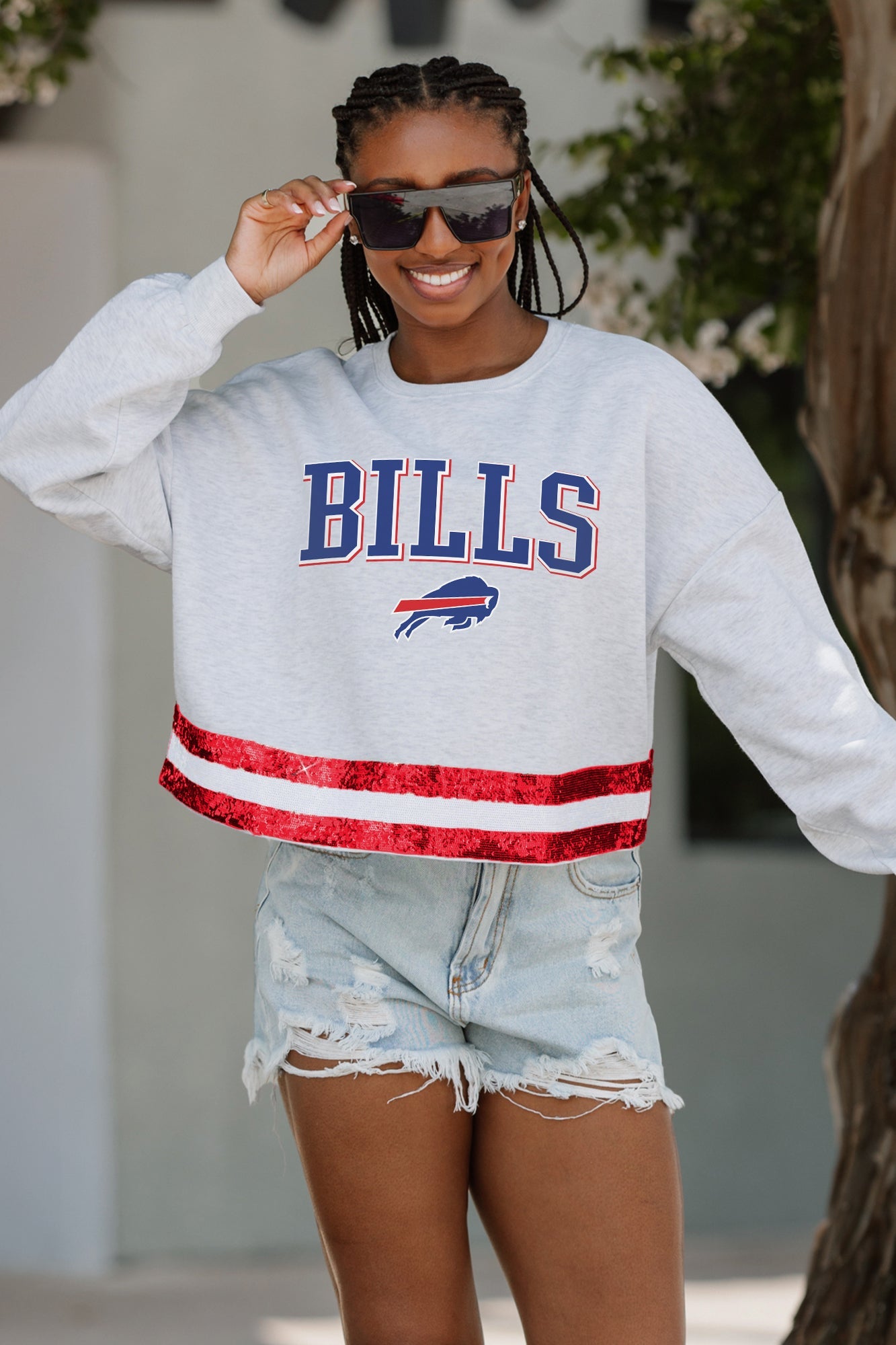 BUFFALO BILLS PASS THE SHINE LONG SLEEVE METALLIC SHIMMER-STRIPE TOP