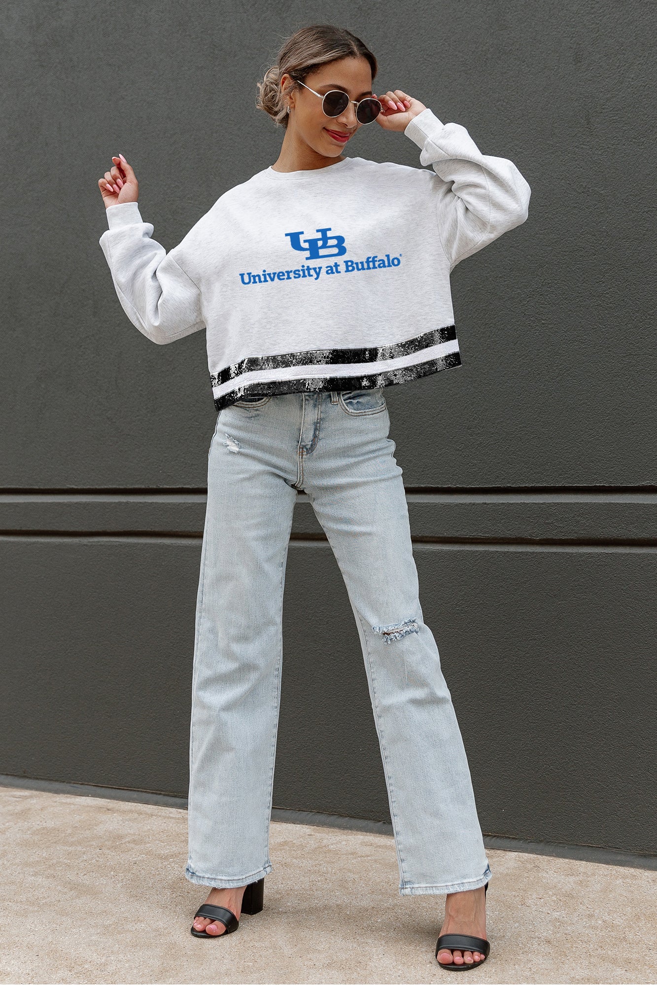 BUFFALO BULLS PASS THE SHINE LONG SLEEVE METALLIC SHIMMER-STRIPE TOP WITH RIBBED NECKLINE AND CUFFS