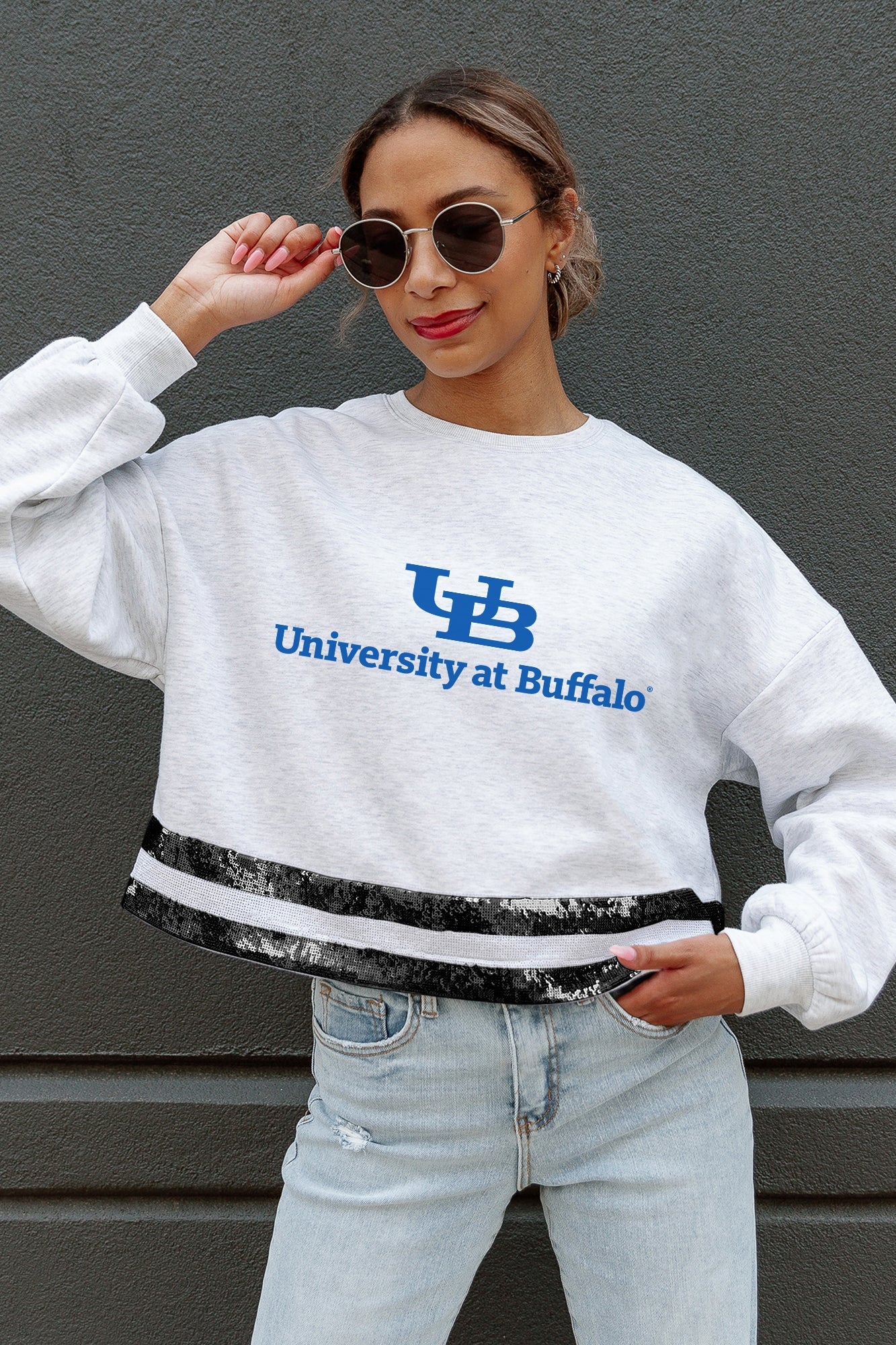 BUFFALO BULLS PASS THE SHINE LONG SLEEVE METALLIC SHIMMER-STRIPE TOP WITH RIBBED NECKLINE AND CUFFS