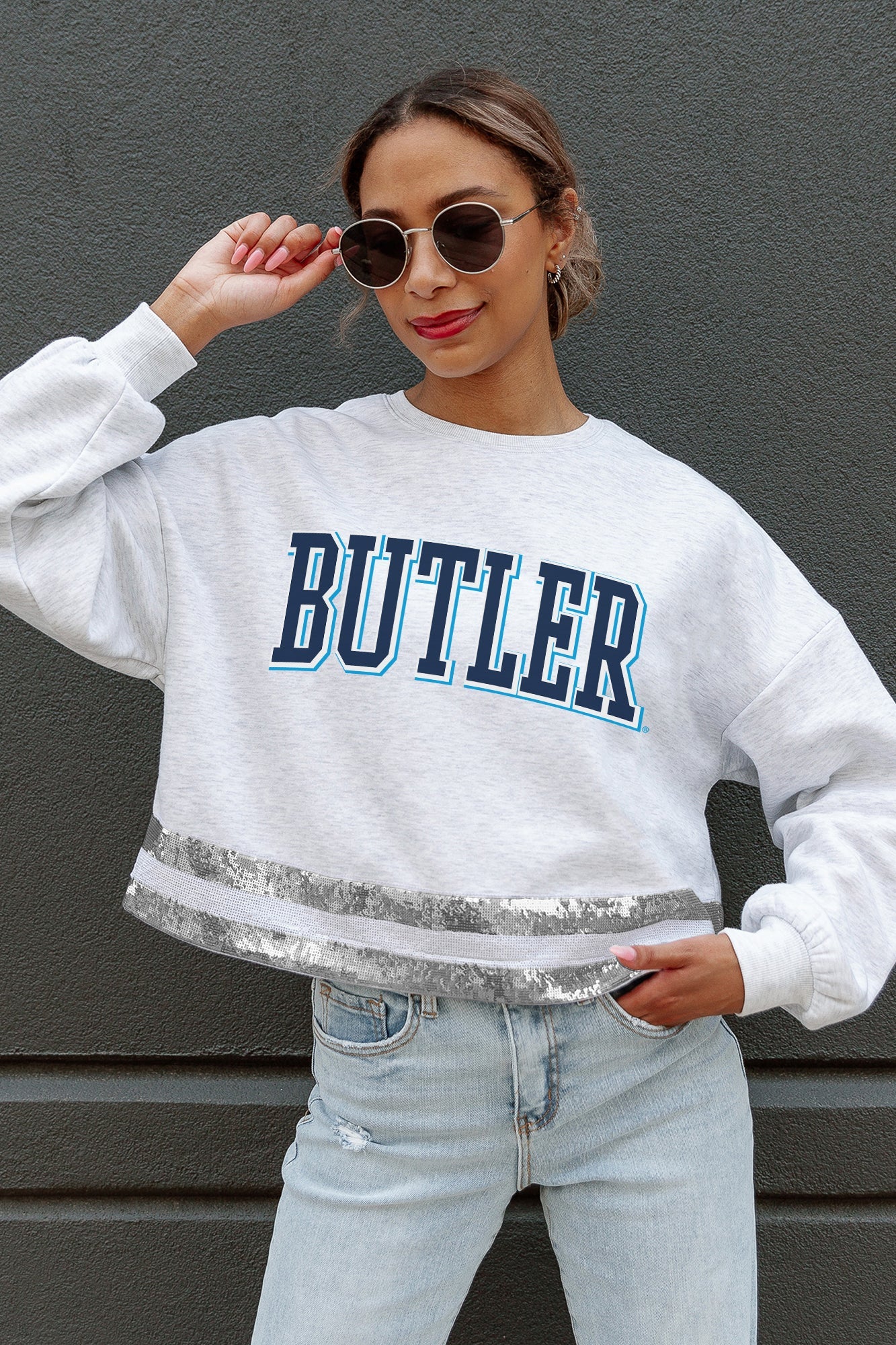 BUTLER BULLDOGS PASS THE SHINE LONG SLEEVE METALLIC SHIMMER-STRIPE TOP WITH RIBBED NECKLINE AND CUFFS