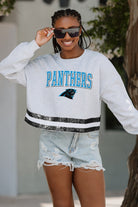 CAROLINA PANTHERS PASS THE SHINE LONG SLEEVE METALLIC SHIMMER-STRIPE TOP