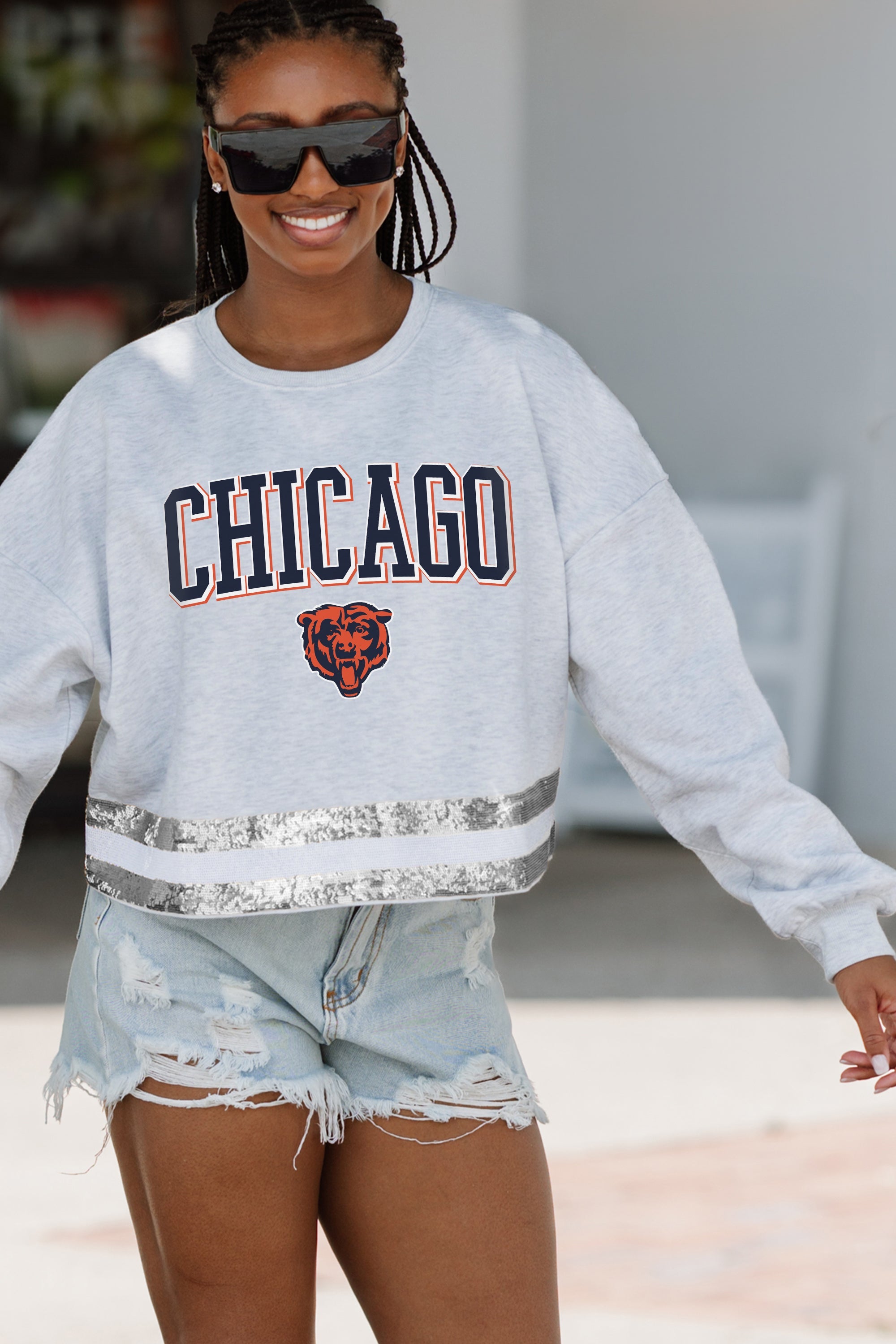 CHICAGO BEARS PASS THE SHINE LONG SLEEVE METALLIC SHIMMER-STRIPE TOP