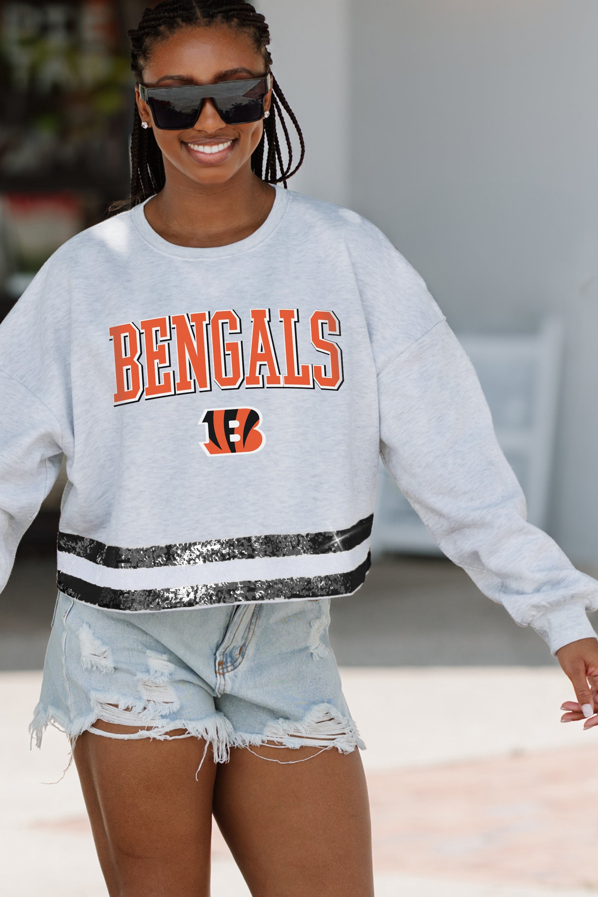 CINCINNATI BENGALS PASS THE SHINE LONG SLEEVE METALLIC SHIMMER-STRIPE TOP