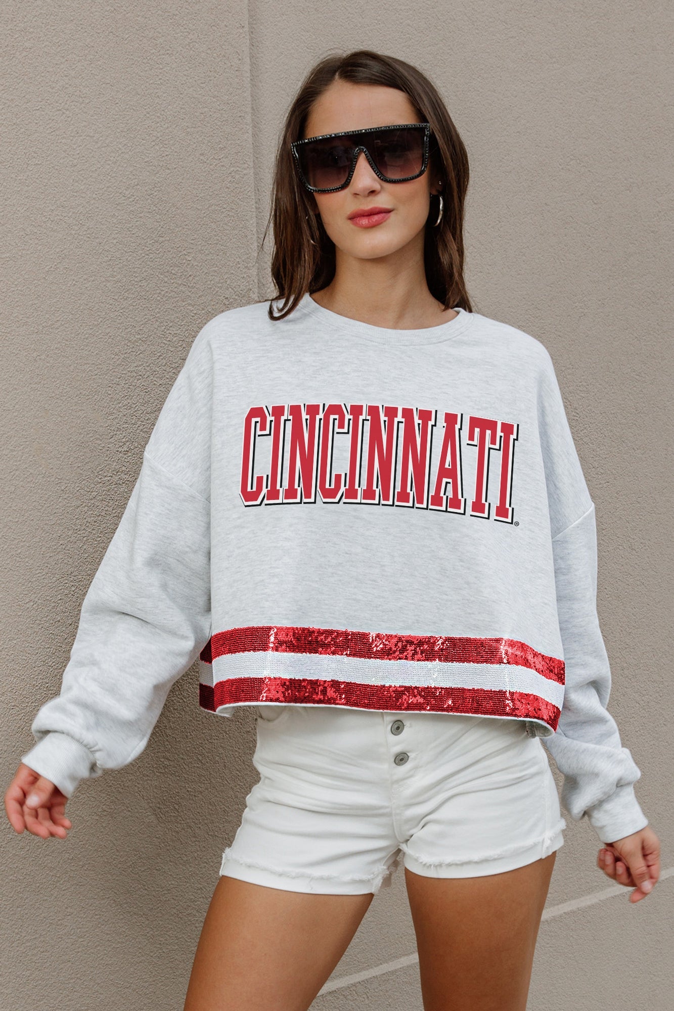 CINCINNATI BEARCATS PASS THE SHINE LONG SLEEVE METALLIC SHIMMER-STRIPE TOP WITH RIBBED NECKLINE AND CUFFS