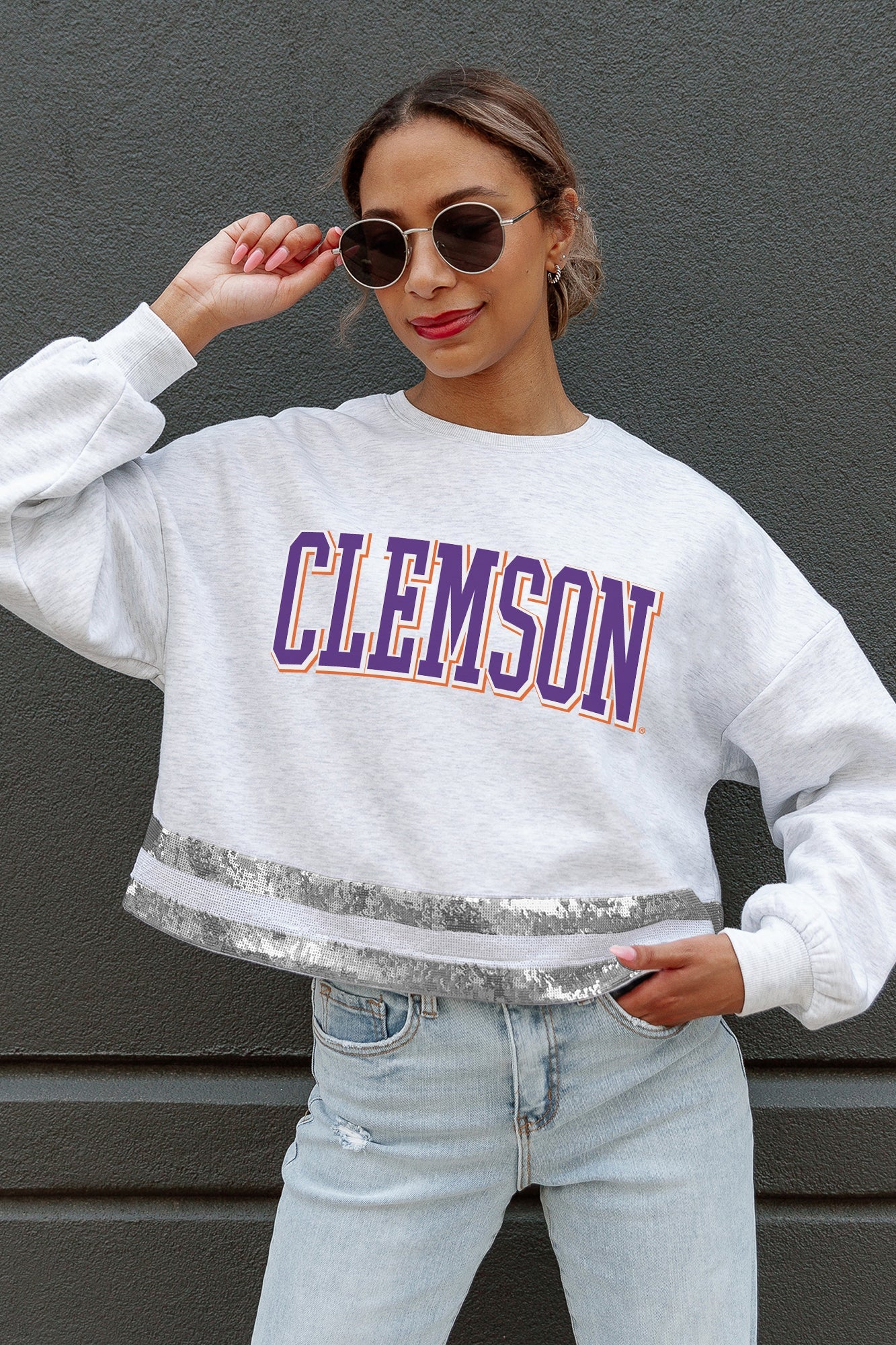 CLEMSON TIGERS PASS THE SHINE LONG SLEEVE METALLIC SHIMMER-STRIPE TOP WITH RIBBED NECKLINE AND CUFFS