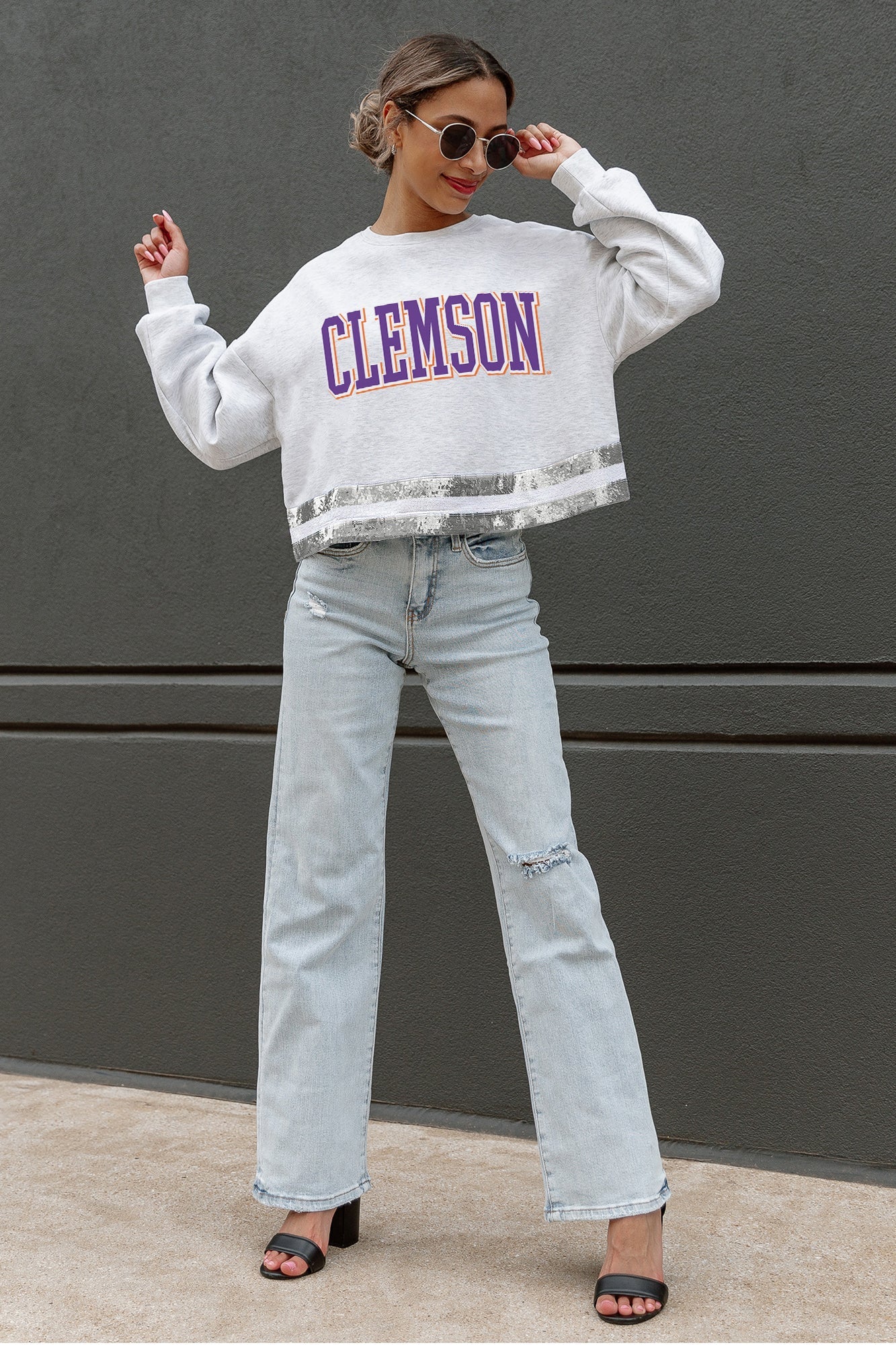 CLEMSON TIGERS PASS THE SHINE LONG SLEEVE METALLIC SHIMMER-STRIPE TOP WITH RIBBED NECKLINE AND CUFFS