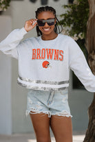 CLEVELAND BROWNS PASS THE SHINE LONG SLEEVE METALLIC SHIMMER-STRIPE TOP