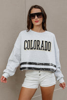 COLORADO BUFFALOES PASS THE SHINE LONG SLEEVE METALLIC SHIMMER-STRIPE TOP WITH RIBBED NECKLINE AND CUFFS